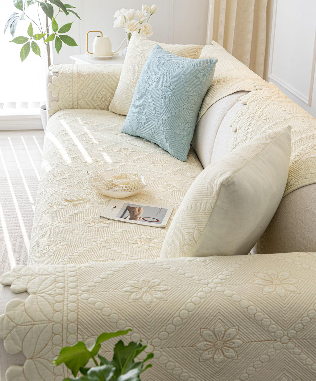 Cotton Quilted Dog Couch Cover for Sofa Farmhouse Rustic Embroidery Sectional Couch Cover Soft Anti-Slip Sofa Slipcover Furniture Protector for Kids, Pets (Khaki,36"x36")