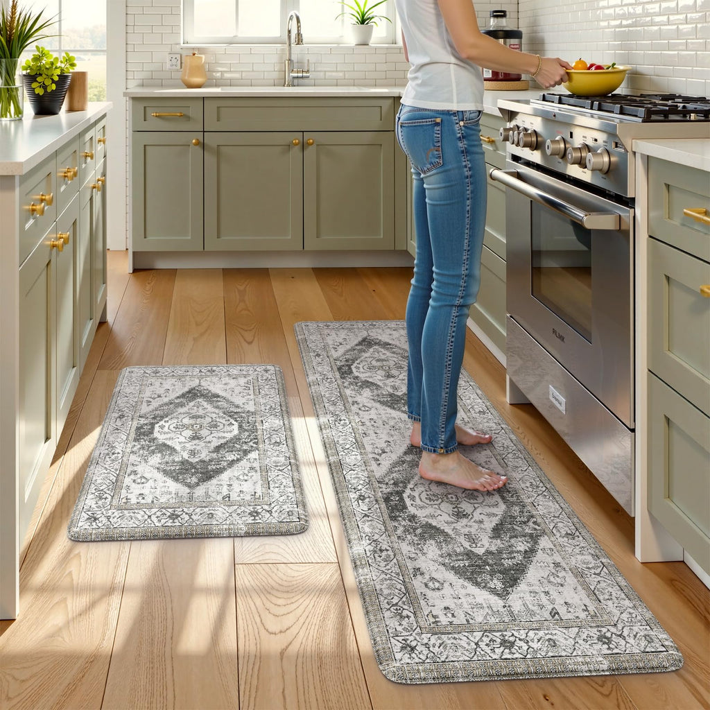 KIMODE Kitchen Mats 2PCS,Cushioned Anti Fatigue Kitchen Rugs and Mats,Non Skid Waterproof Kitchen Mats for Floor,Comfort Foam Standing Mat for Home Decor, Office,Sink,Laundry Room,Desk,Black and White