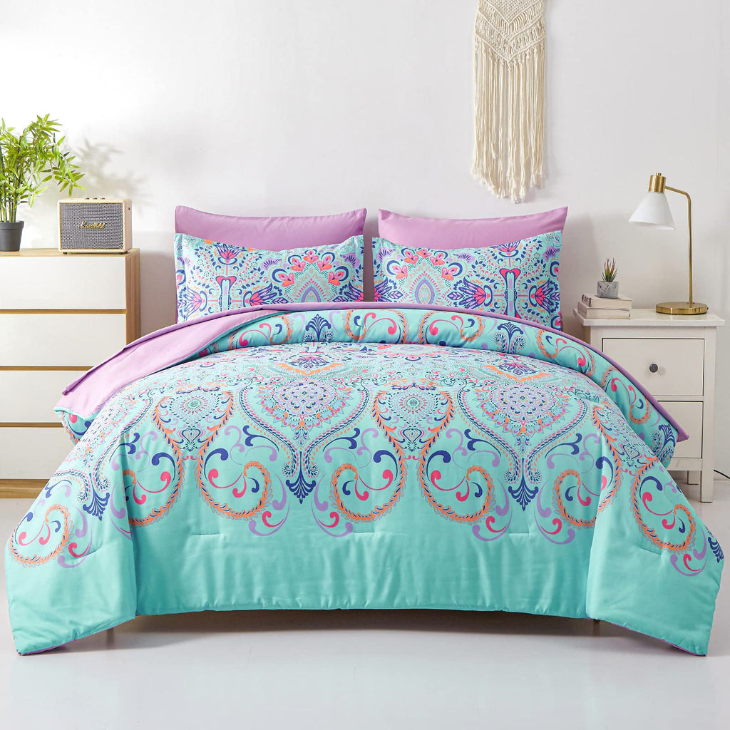 DHSFKBE 7 Piece Bed in a Bag Floral Comforter Set, Botanical Flowers Comforter and Sheet Set, Soft Microfiber Lightweight Bedding Comforter Set for All Season(Dark Floral, King)