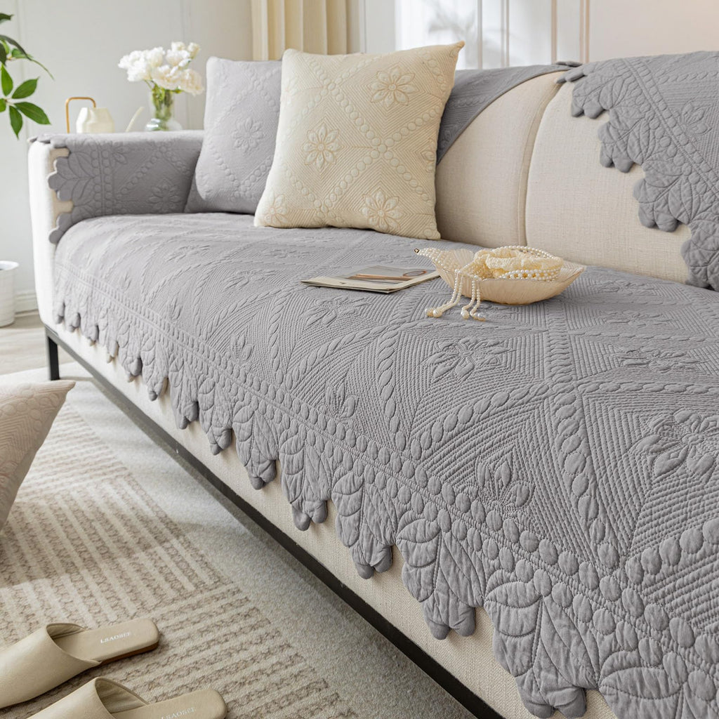 Cotton Quilted Dog Couch Cover for Sofa Farmhouse Rustic Embroidery Sectional Couch Cover Soft Anti-Slip Sofa Slipcover Furniture Protector for Kids, Pets (Khaki,36"x36")