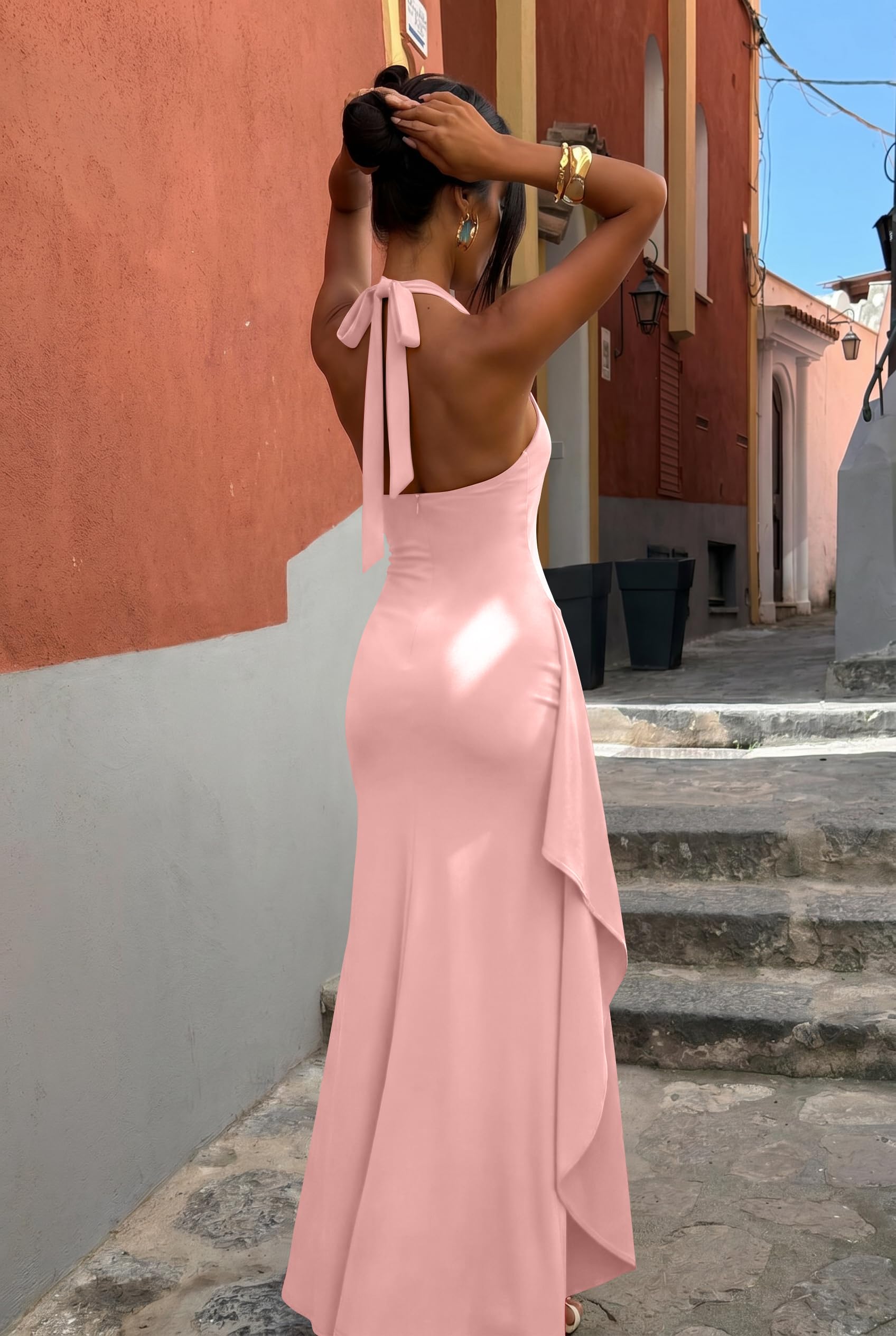 LAGSHIAN Women's Sexy Deep V Neck Halter High Split Backless Cocktail Party Formal Maxi Dress