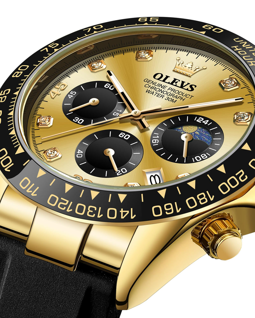 OLEVS Men Analog Quartz Waterproof Watches Multifunction Chronograph Diamond Moon Phase Luminous Silicone Band Wrist Watches