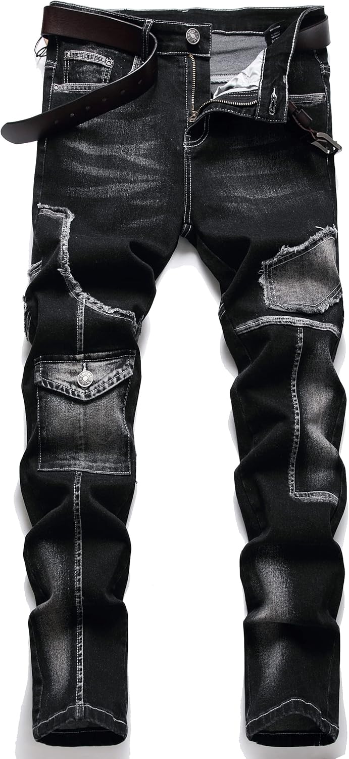 XIMXIMMTIAN Men's Biker Moto Washed Distressed Slim Fit Straight Jeans Denim