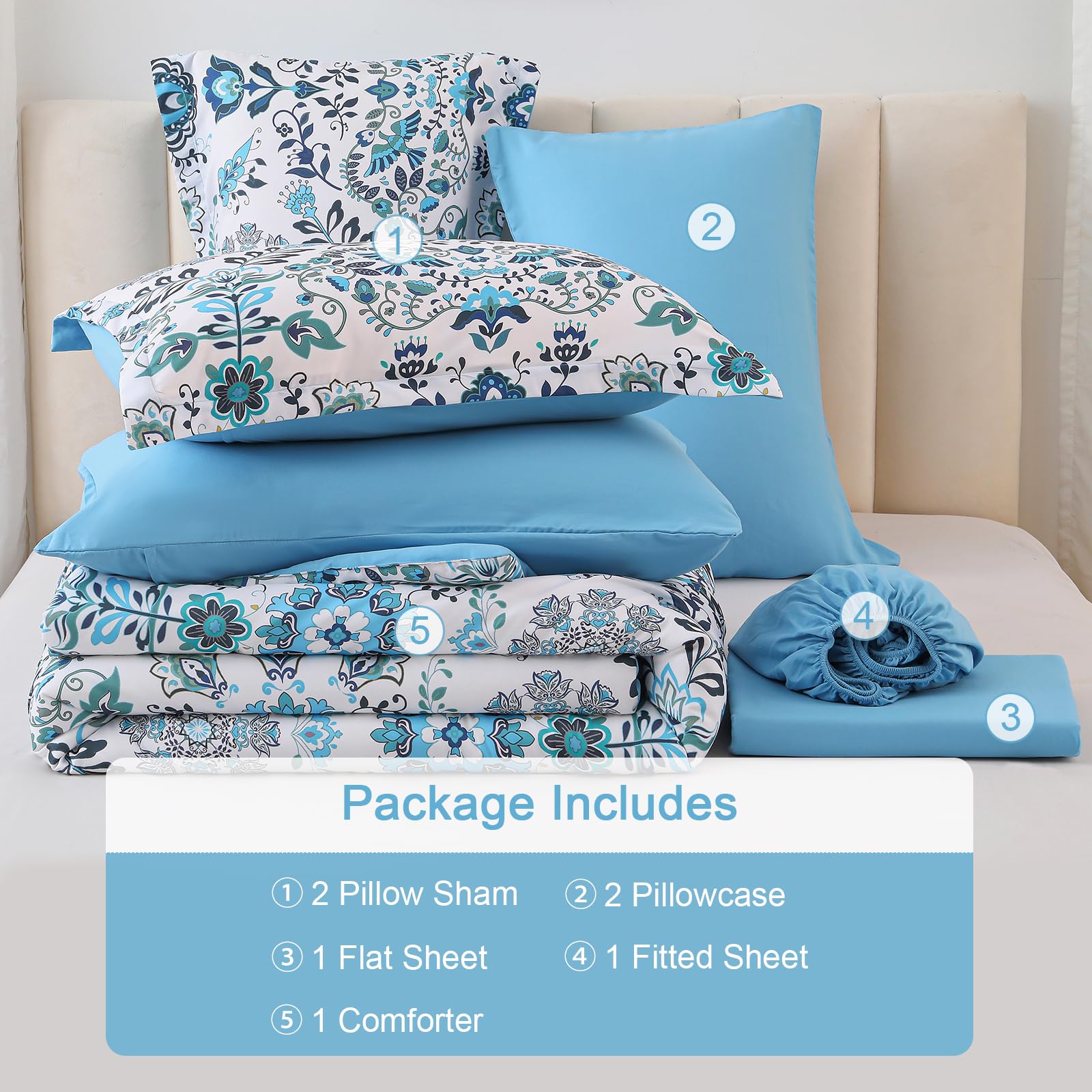 DHSFKBE 7 Piece Bed in a Bag Floral Comforter Set, Botanical Flowers Comforter and Sheet Set, Soft Microfiber Lightweight Bedding Comforter Set for All Season(Dark Floral, King)