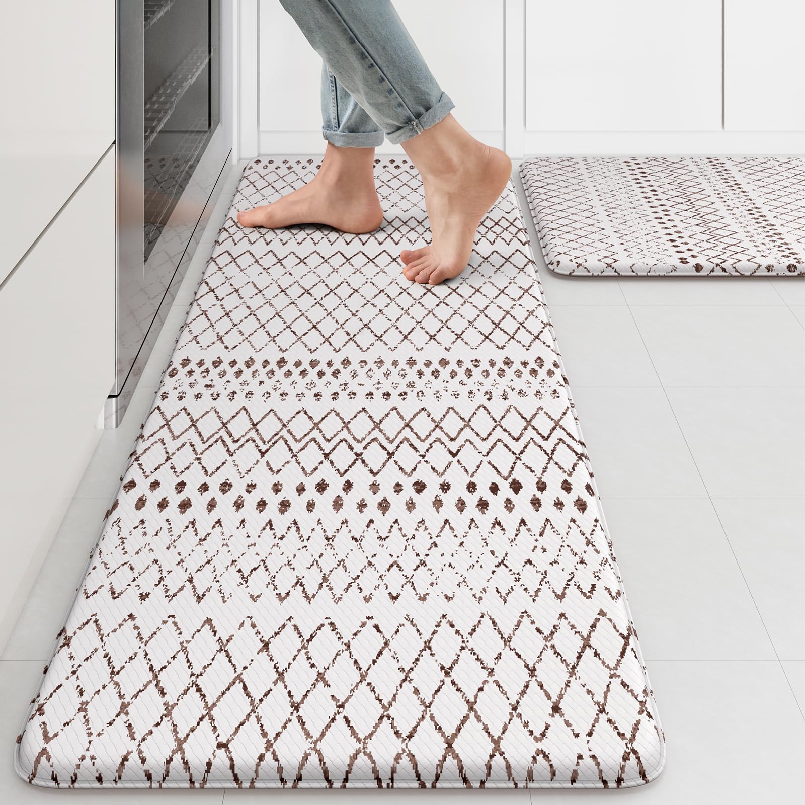KIMODE Kitchen Mats 2PCS,Cushioned Anti Fatigue Kitchen Rugs and Mats,Non Skid Waterproof Kitchen Mats for Floor,Comfort Foam Standing Mat for Home Decor, Office,Sink,Laundry Room,Desk,Black and White