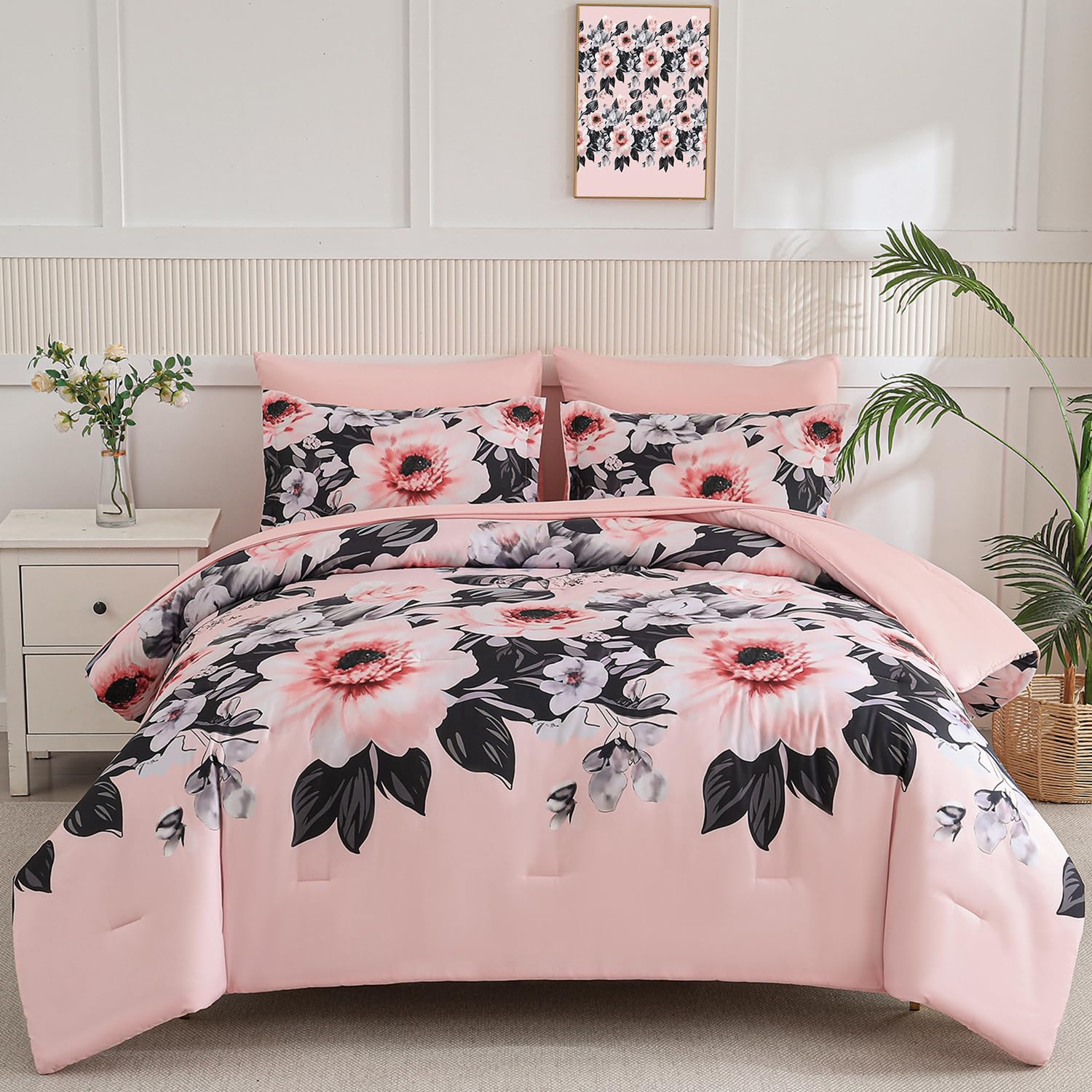 Yogeneg 7 Piece Bed in a Bag King Size Comforter Set Black Bedding Set,Gold Butterfly Leaves Printed on Black Reversible Design,Soft Microfiber Comforter with Sheet Set,All Season(Butterfly,King)