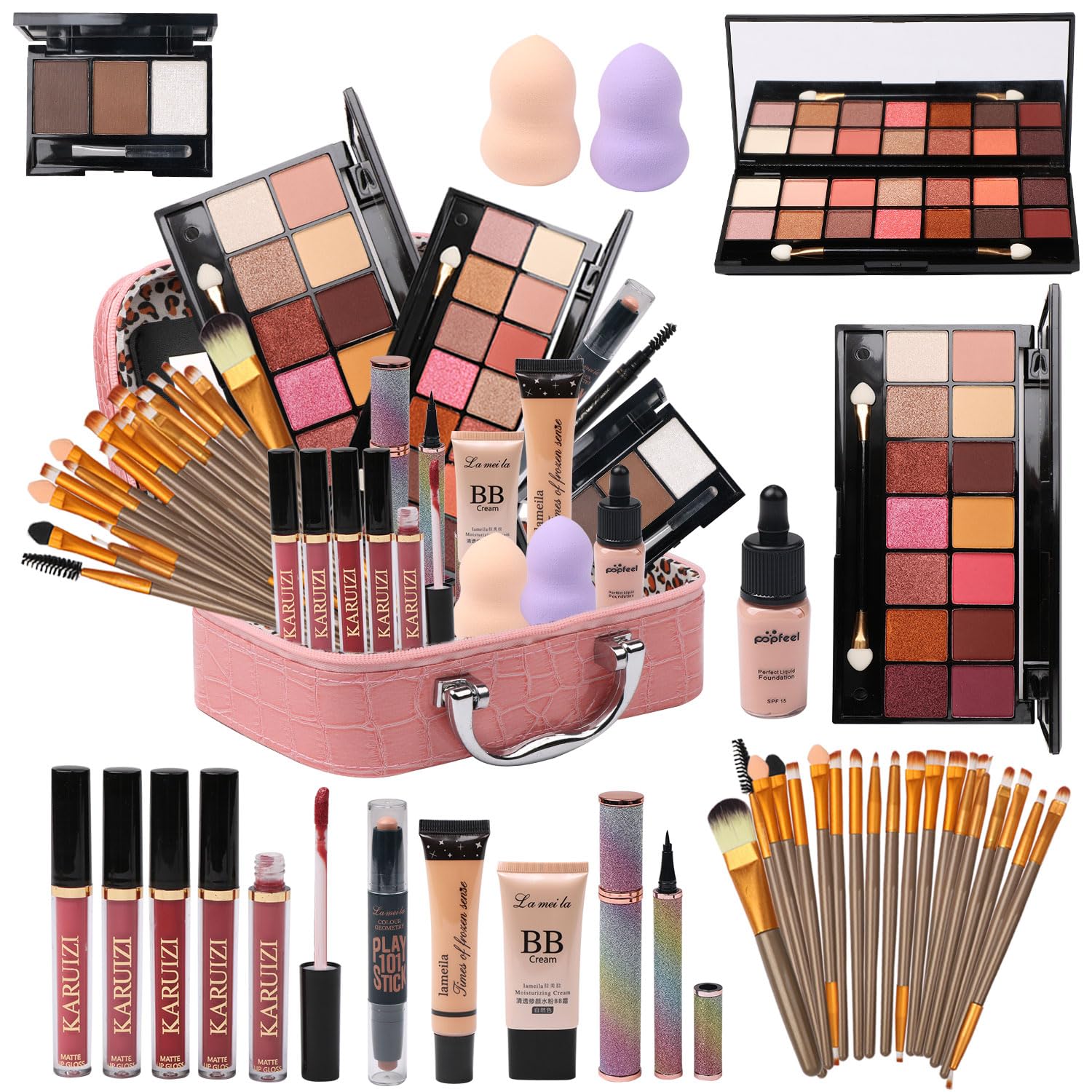 MTDXILTAI All in One Makeup Kit for Makeup storage bag 2X14 Colors Eyeshadow Palette Liquid Foundation Eyeliner Pencils Contouring Stick Lip Gloss 20Pcs Make up Brushes For Women Girls Teens (Black)