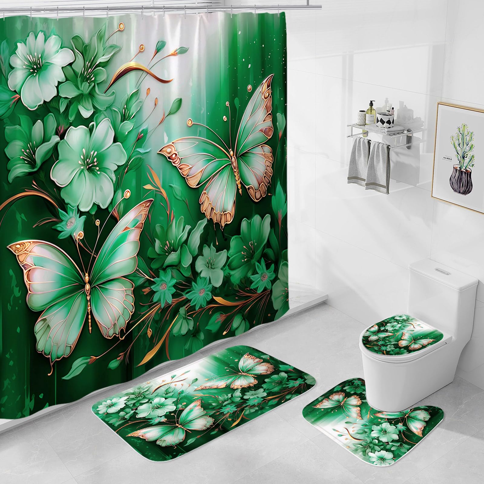 Litabel 4 Pcs Black Floral Butterfly Shower Curtain Set with Non-Slip Rugs, White Gold Modern Toilet Lid Cover and Bath Mat, Elegant Bathroom Decor Set (Hooks Not Included)