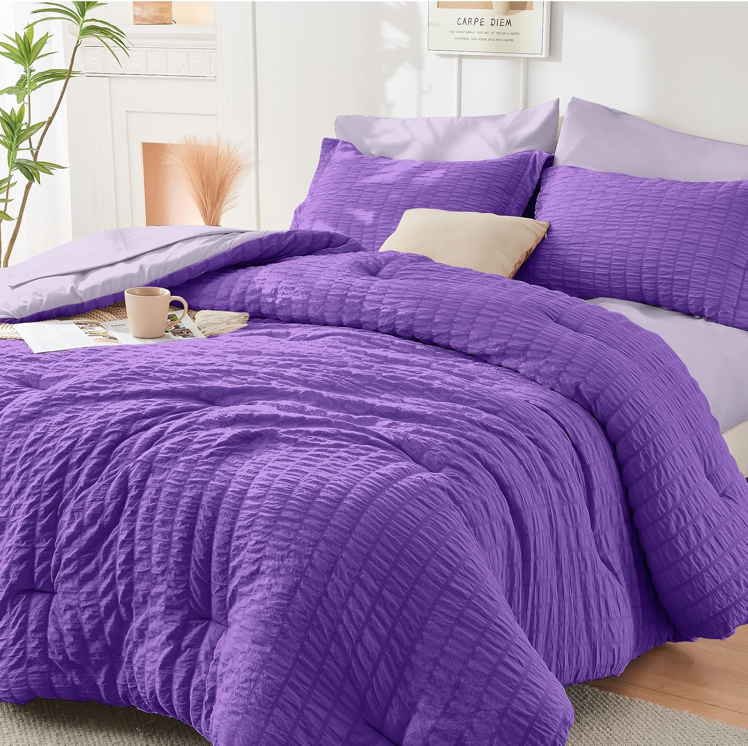 HYMOKEGE 7 Piece King Size Comforter Set Seersucker, All Season Luxury Bed in a Bag for Bedroom, Bedding Set with Comforters, Sheets, Pillowcases & Shams, Dark Grey