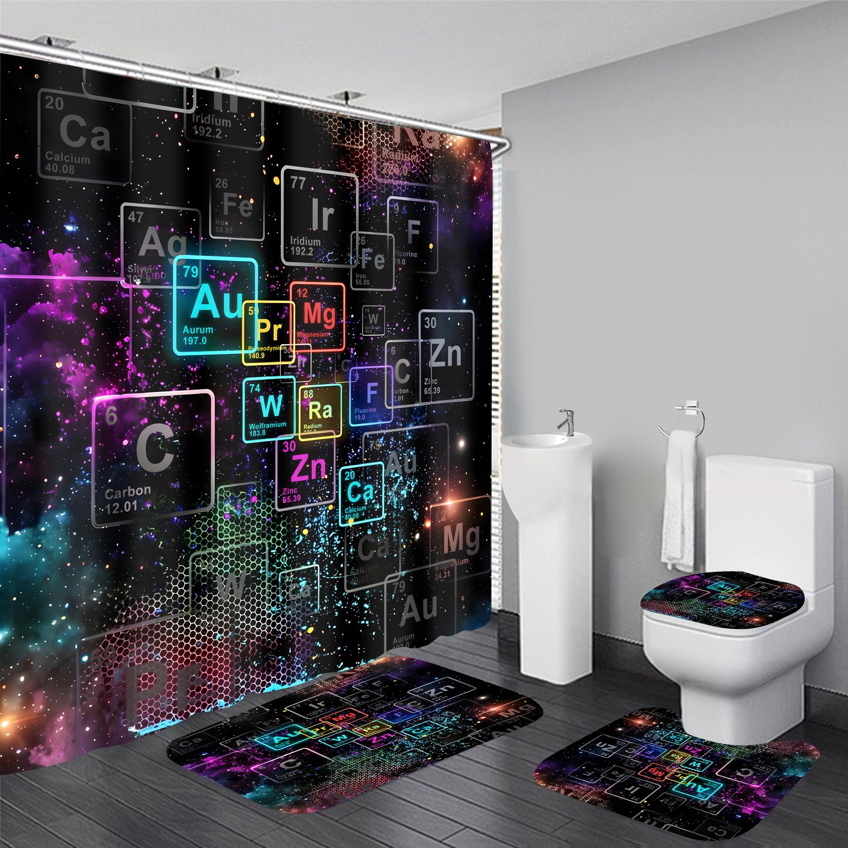 Yizheer Luxury 4Pcs Black & Gold Shower Curtain Set, Damascus Pattern Waterproof Bathroom Decor Kit (Shower Curtain + Bath Rugs + Toilet Lid Cover + Hooks), Elegant Vintage Curtain for Bathroom