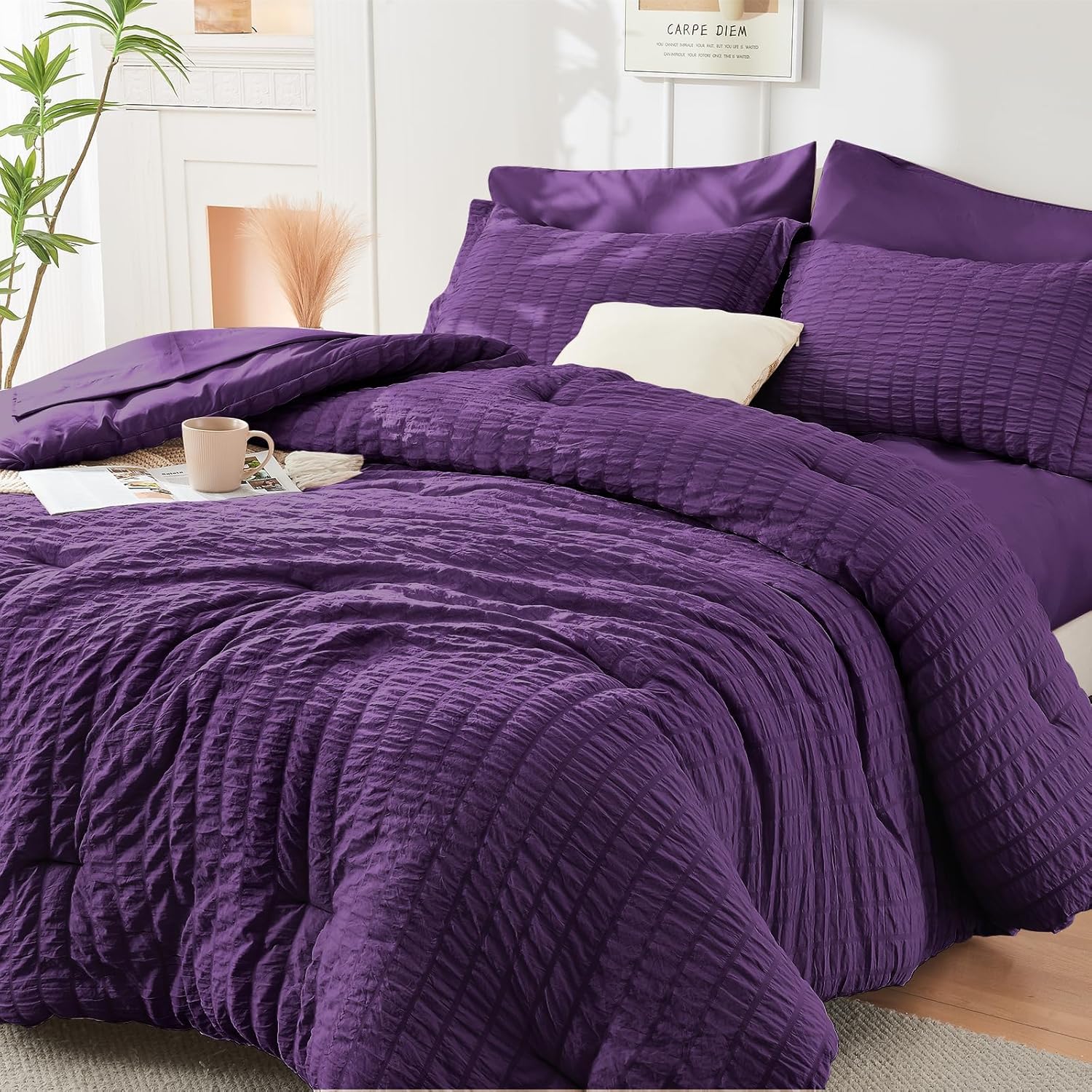 HYMOKEGE 7 Piece King Size Comforter Set Seersucker, All Season Luxury Bed in a Bag for Bedroom, Bedding Set with Comforters, Sheets, Pillowcases & Shams, Dark Grey