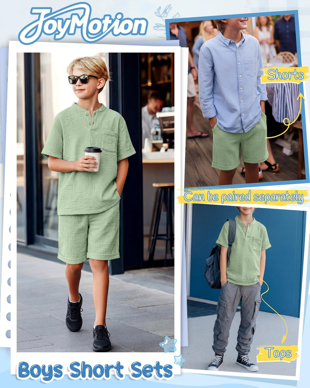 Boys 2 Piece Cotton Outfits 5-14Y Short Sleeve Button Down Shirt Shorts Pockets Summer Clothes Henley Casual Set
