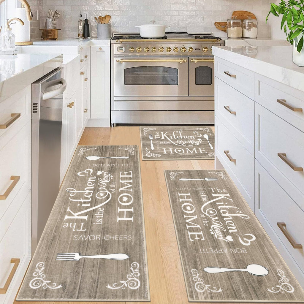 Vaukki Boho Kitchen Rug Sets 3 Pieces, Washable Kitchen Mats for Floor, Non Slip Soft Kitchen Area Rug Floor Mat for Kitchen, Laundry Room and Hallway (Grey and Beige, 20''x32''+20''x47''+20''x59'')