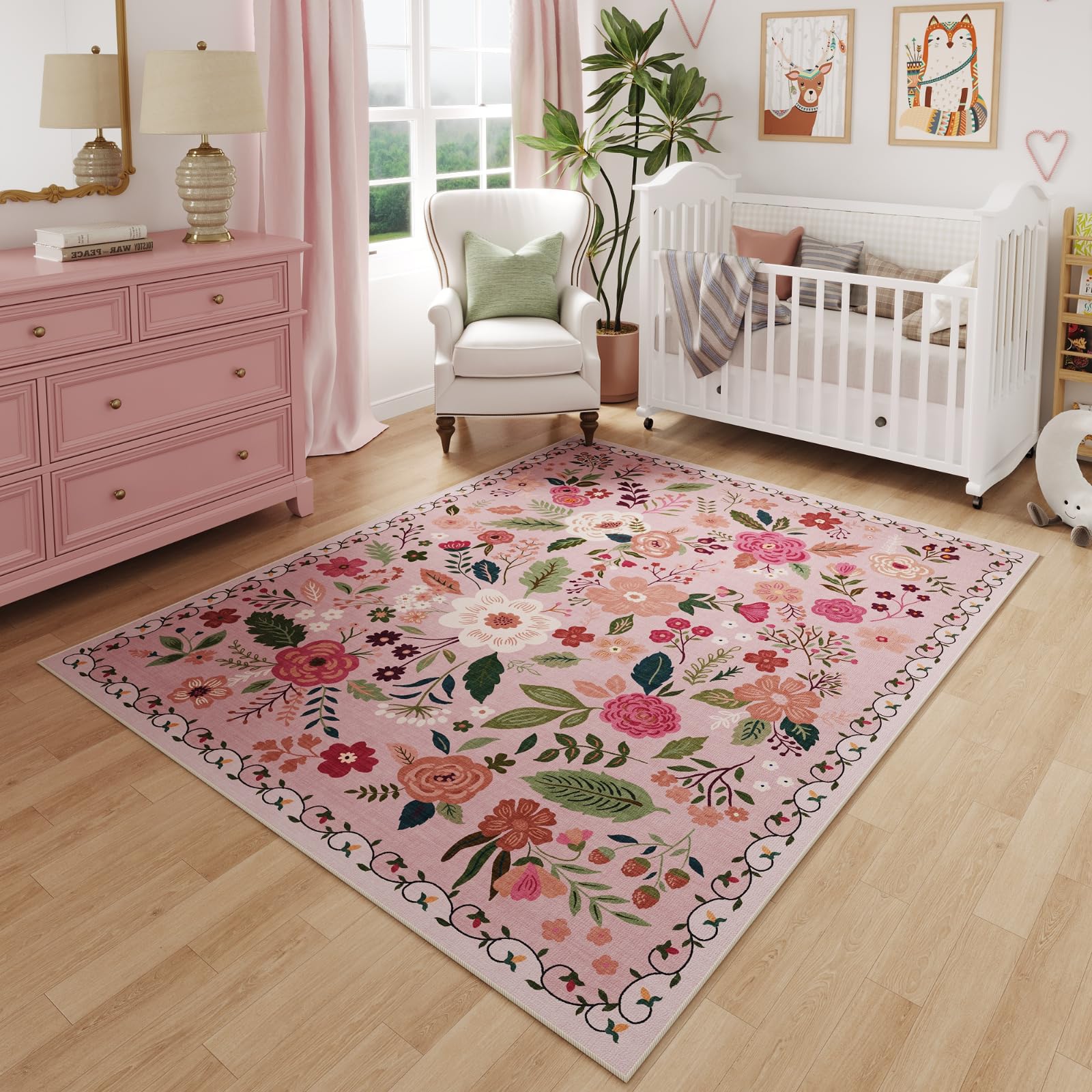 Rugcomf Area Rugs 8x10 Rug for Living Room Clearance Washable Boho Area Rug Non Slip Floral Vintage Low Pile Large Rug for Living Room, Bedroom, Farmhouse, Dining Room, Kids Playroom(Black)