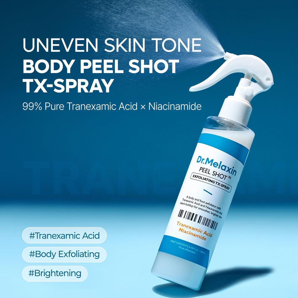 Dr.Melaxin Peel Shot Kojic Acid Turmeric Body Exfoliator Spray 6.76 fl.oz - AHA PHA Niacinamide Body Scrub for KP Bumps, Dark Spots, Uneven Skin Tone, Dead Skin, Korean Skin Care