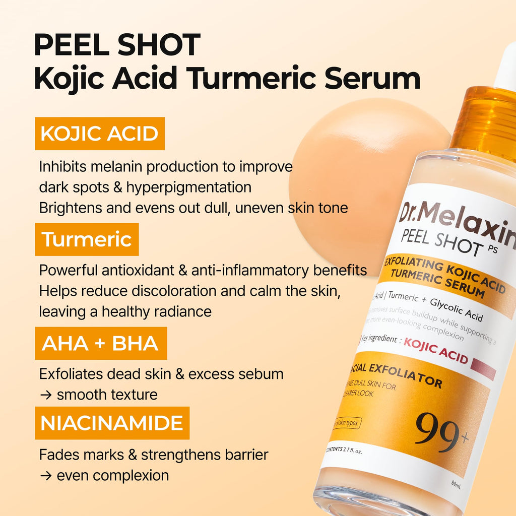 Dr. Melaxin Peel Shot Kojic Acid Turmeric Serum – Exfoliating Dark Spot Corrector with AHA/BHA & Niacinamide, Brightening & Even Tone Facial Serum (80ml / 2.70 fl oz)