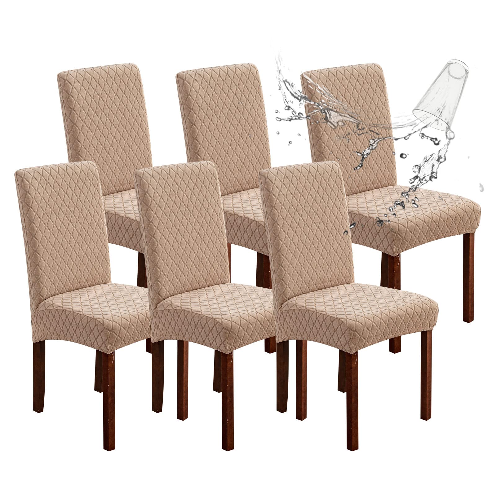 Genina Waterproof Chair Covers for Dining Room 6 Pack, Stretch Jacquard Dining Chair Cover Removable Washable Chair Protectors Cover for Kitchen, Home (Leaves-Warm Gray, 6 PCS)