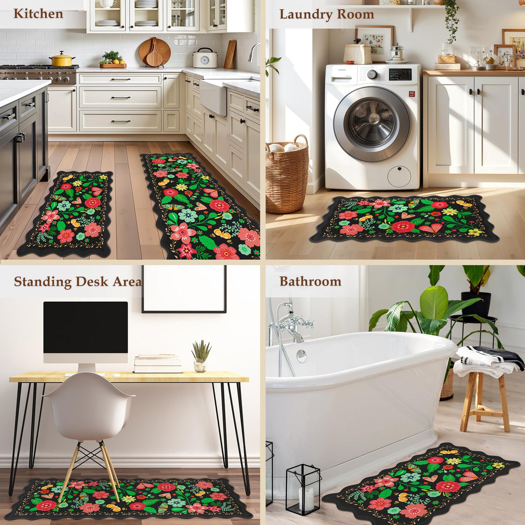 Arenarug Upgrade Scalloped Embossed Kitchen Mats for Floor 2PCS Cushioned Anti Fatigue Waterproof Foam Kitchen Rugs Non Slip Washable Comfort Standing Mat for Office Sink Laundry, Black