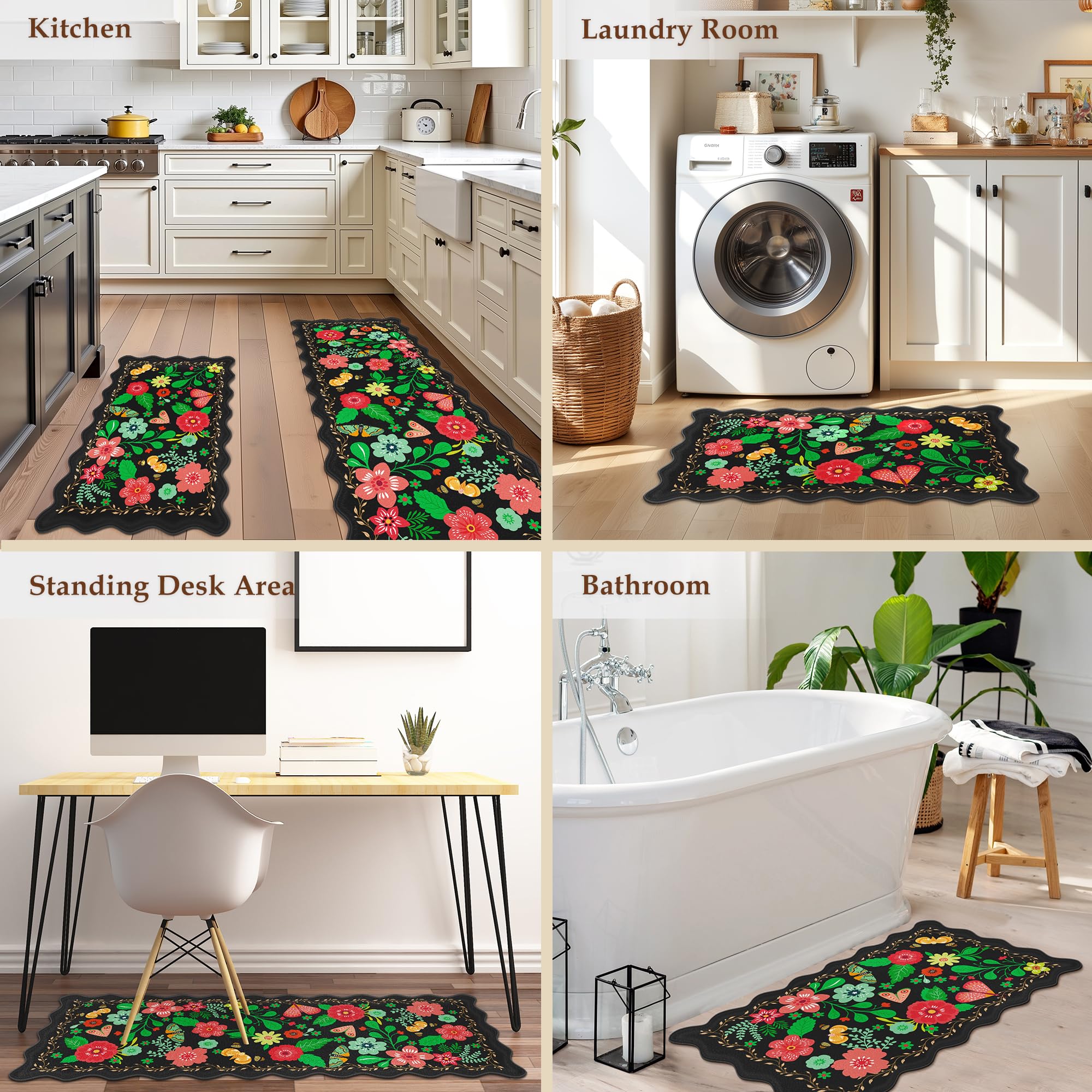Arenarug Upgrade Scalloped Embossed Kitchen Mats for Floor 2PCS Cushioned Anti Fatigue Waterproof Foam Kitchen Rugs Non Slip Washable Comfort Standing Mat for Office Sink Laundry, Black