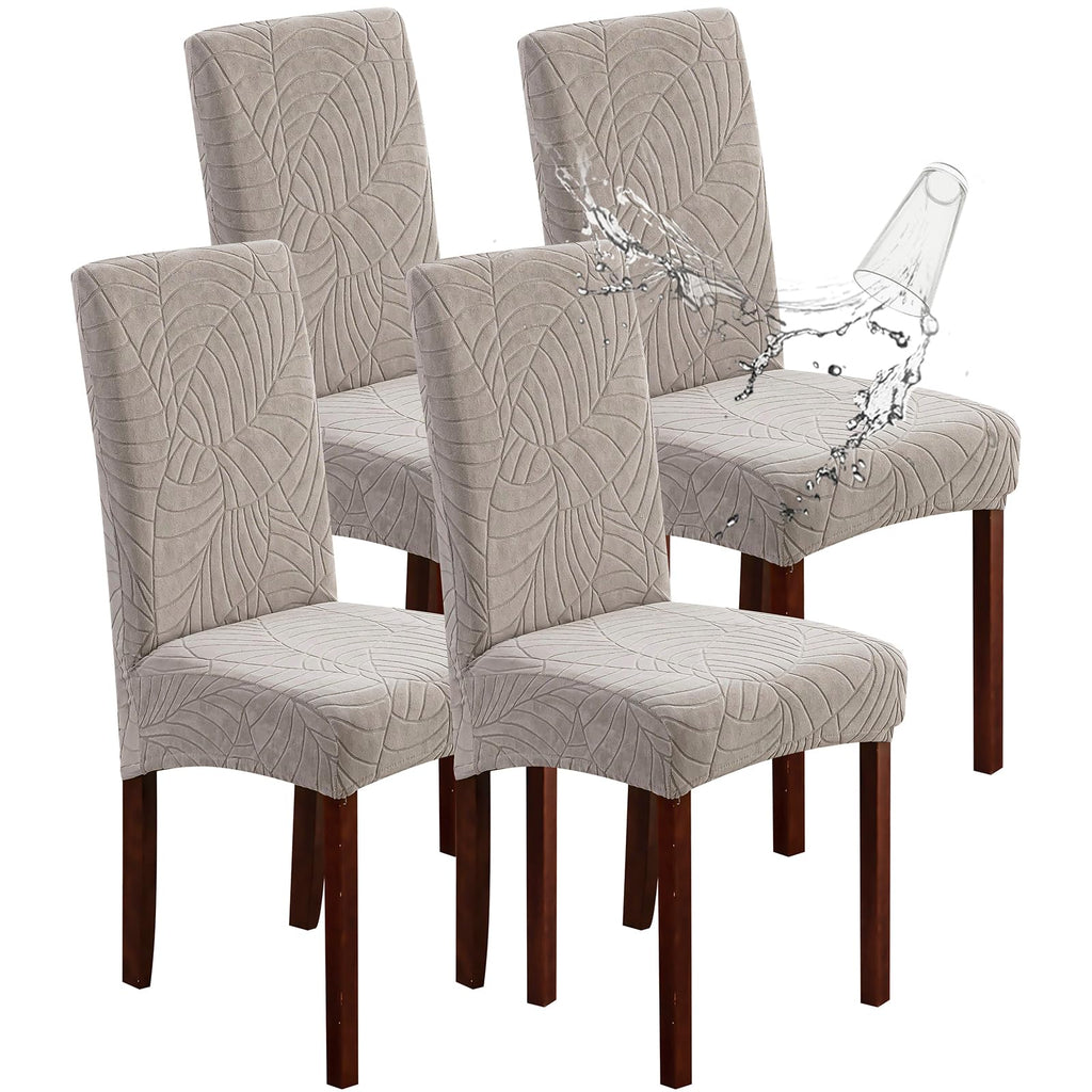 Genina Waterproof Chair Covers for Dining Room 6 Pack, Stretch Jacquard Dining Chair Cover Removable Washable Chair Protectors Cover for Kitchen, Home (Leaves-Warm Gray, 6 PCS)