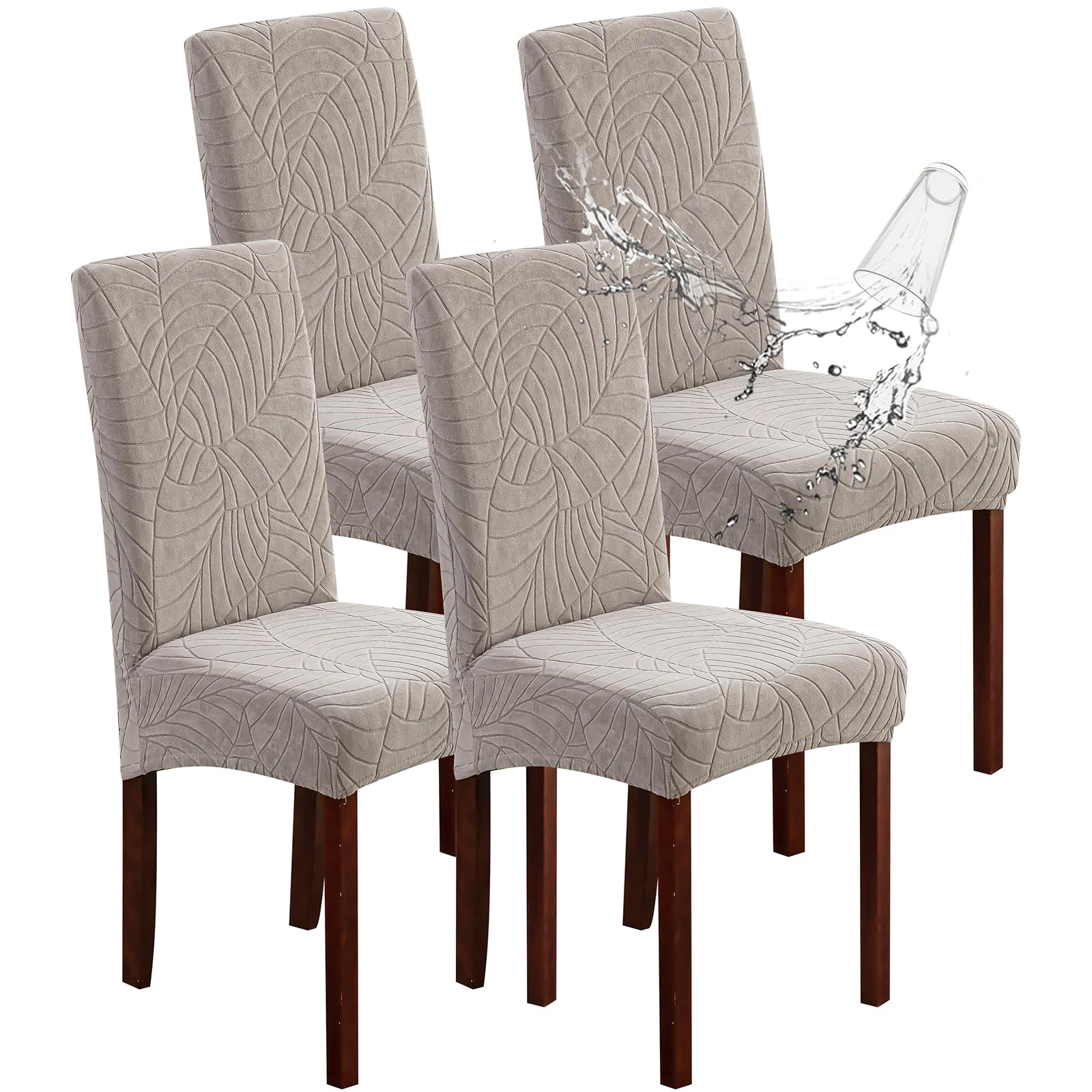 Genina Waterproof Chair Covers for Dining Room 6 Pack, Stretch Jacquard Dining Chair Cover Removable Washable Chair Protectors Cover for Kitchen, Home (Leaves-Warm Gray, 6 PCS)