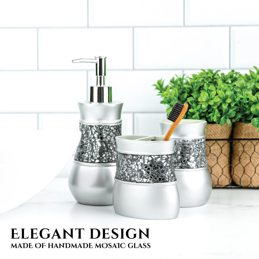 Creative Scents Crackled Glass Silver Bathroom Accessory Set – 4-Piece Vanity Set Includes: Lotion Soap Dispenser, Toothbrush Holder, Tumbler, and Soap Dish