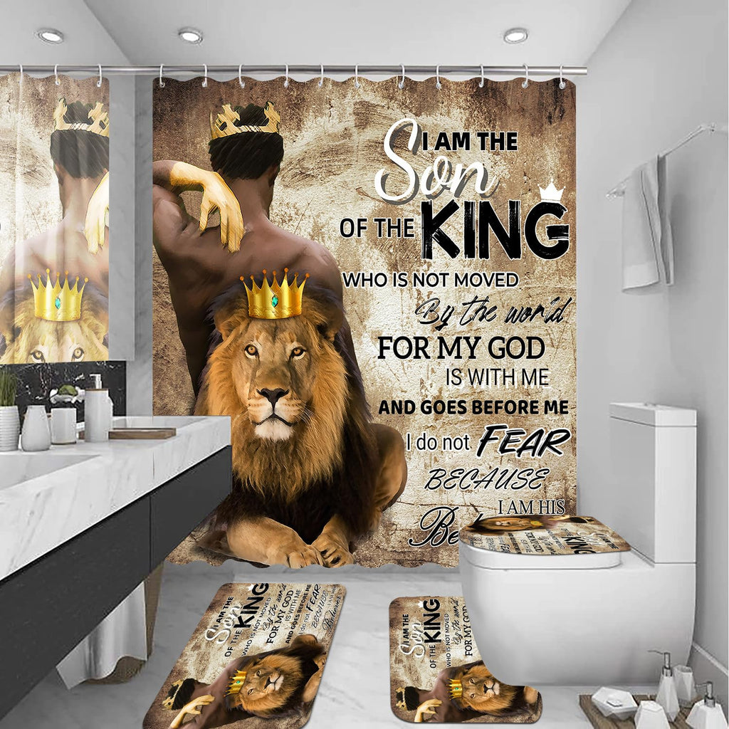 African American Shower Curtain Sets for Bathroom, Black Praying King Bathroom Sets with Waterproof Shower Curtain and Non-Slip Rugs Toilet Lid Cover Bath Mat, Cool Unique Man Bathroom Decor Sets
