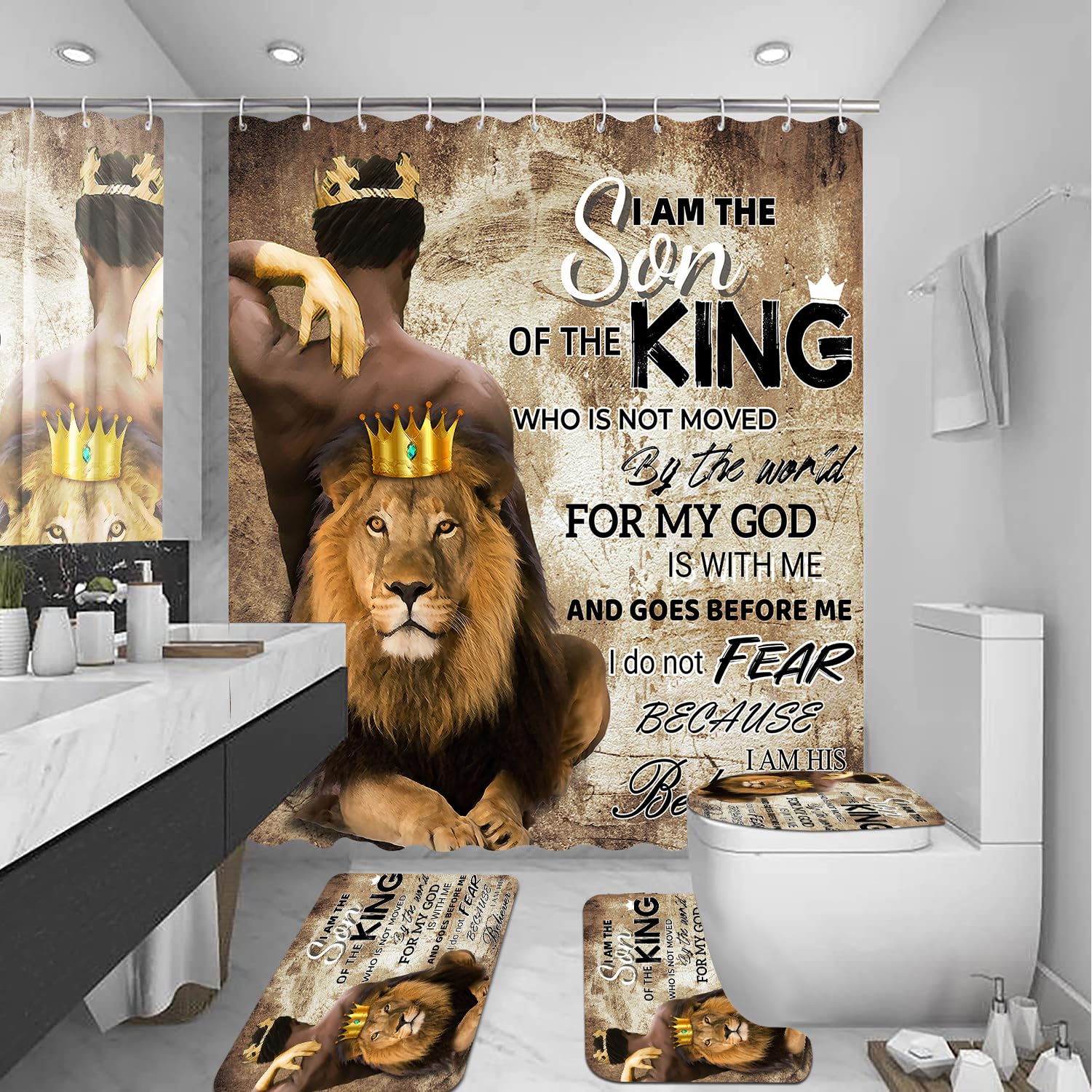 African American Shower Curtain Sets for Bathroom, Black Praying King Bathroom Sets with Waterproof Shower Curtain and Non-Slip Rugs Toilet Lid Cover Bath Mat, Cool Unique Man Bathroom Decor Sets