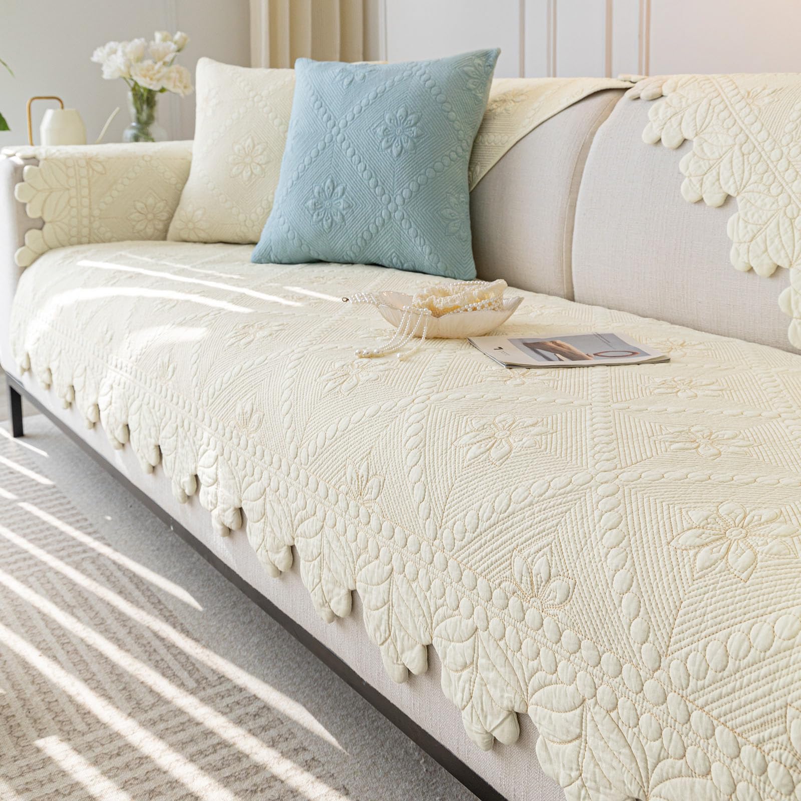 Cotton Quilted Dog Couch Cover for Sofa Farmhouse Rustic Embroidery Sectional Couch Cover Soft Anti-Slip Sofa Slipcover Furniture Protector for Kids, Pets (Khaki,36"x36")