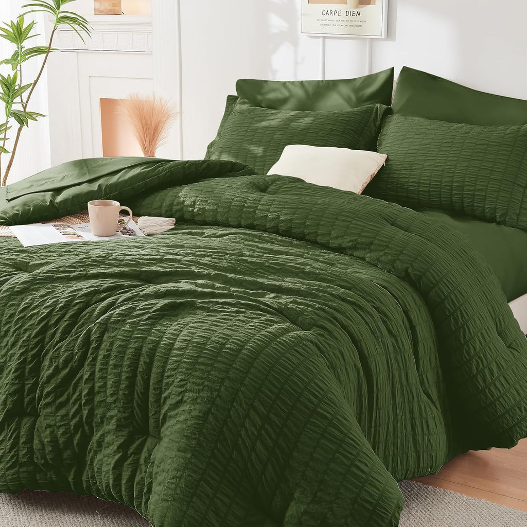 HYMOKEGE 7 Piece King Size Comforter Set Seersucker, All Season Luxury Bed in a Bag for Bedroom, Bedding Set with Comforters, Sheets, Pillowcases & Shams, Dark Grey