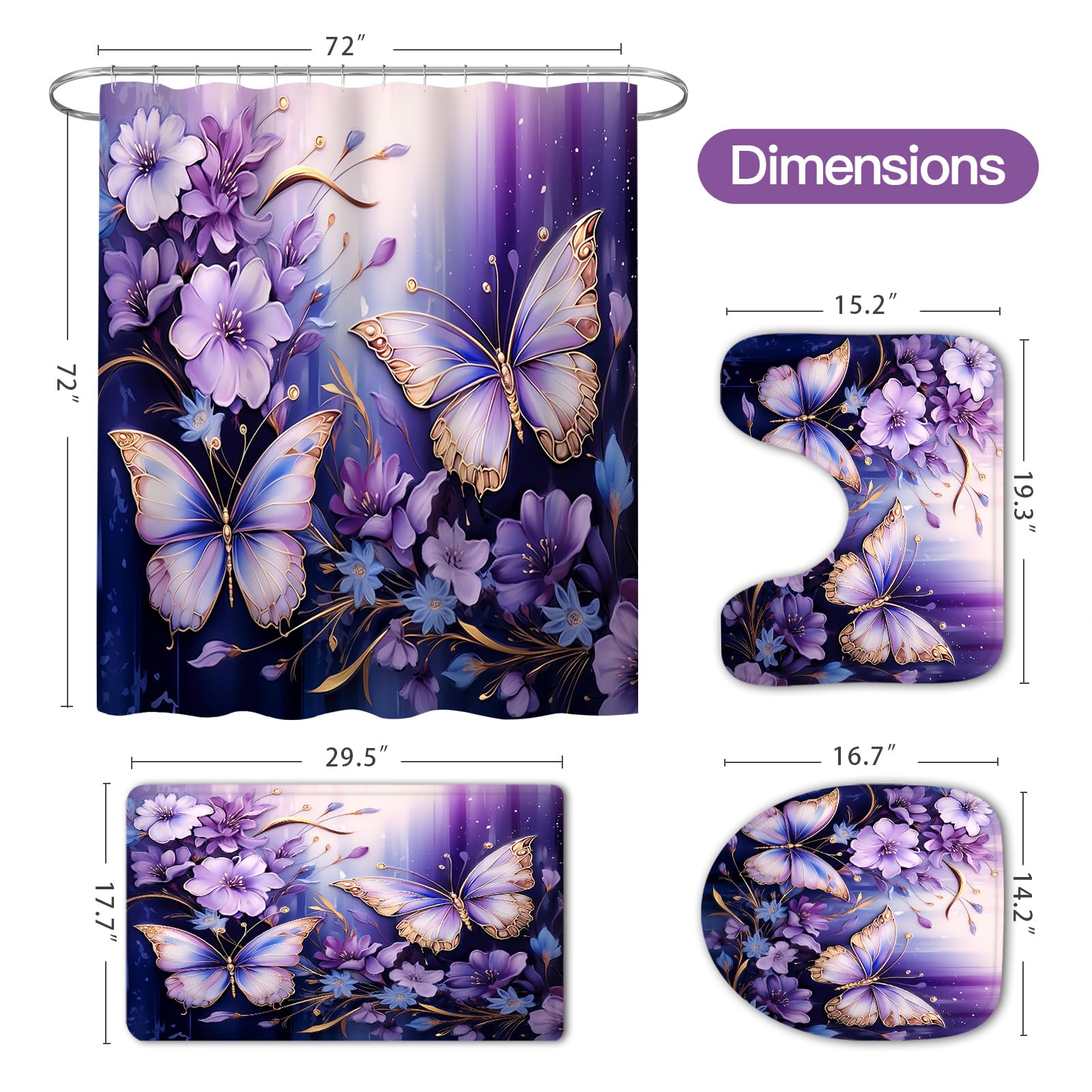 Litabel 4 Pcs Black Floral Butterfly Shower Curtain Set with Non-Slip Rugs, White Gold Modern Toilet Lid Cover and Bath Mat, Elegant Bathroom Decor Set (Hooks Not Included)