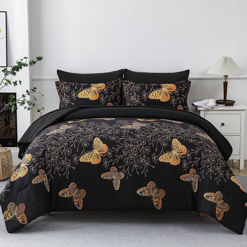 Yogeneg 7 Piece Bed in a Bag King Size Comforter Set Black Bedding Set,Gold Butterfly Leaves Printed on Black Reversible Design,Soft Microfiber Comforter with Sheet Set,All Season(Butterfly,King)