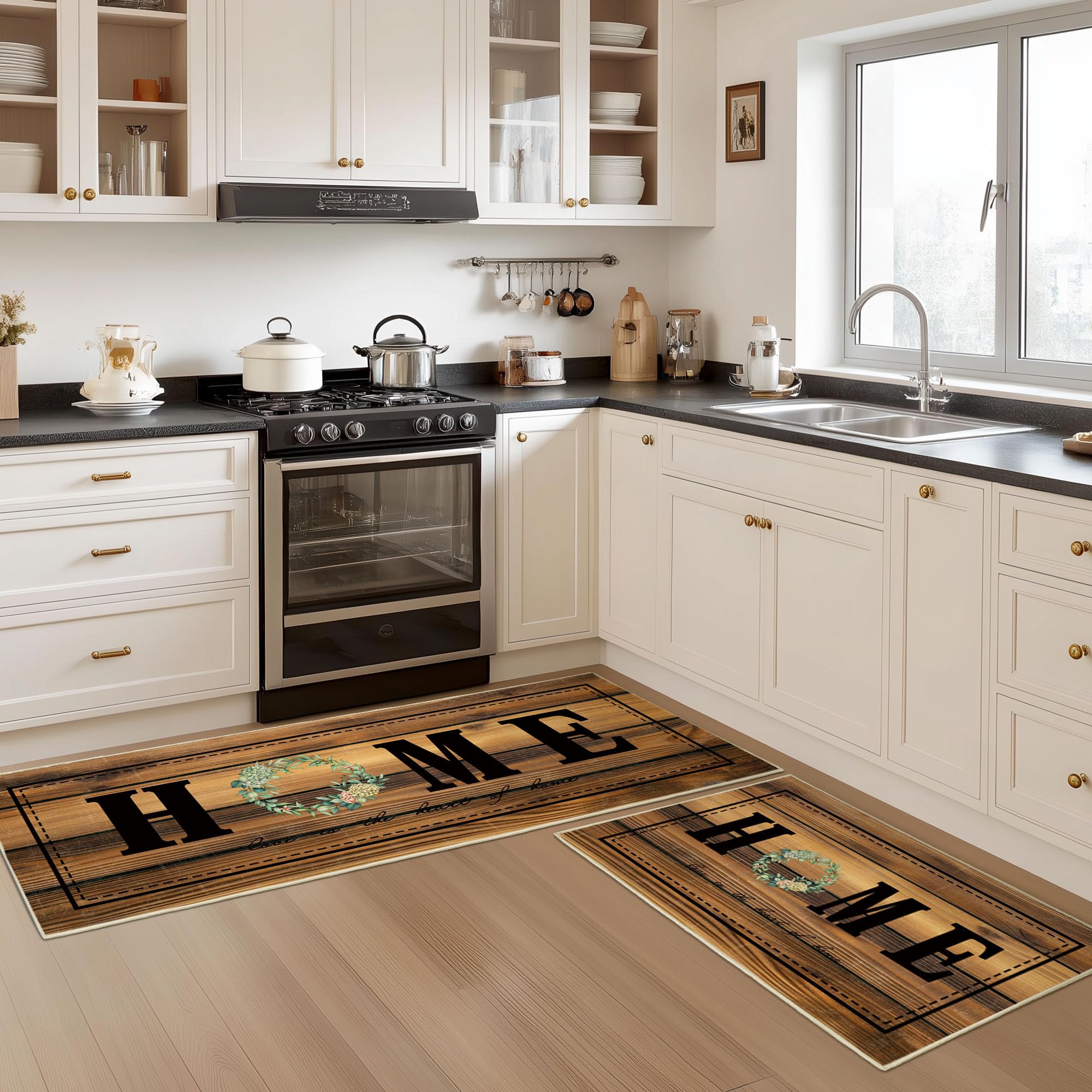 Tritard 100% Non Slip Kitchen Mats for Floor Washable Kitchen Rugs Sets of 3 Farmhouse Kitchen Runner Rug Soft Rustic Kitchen Floor Carpet for Hallway, Laundry, Sink, Office, Brown