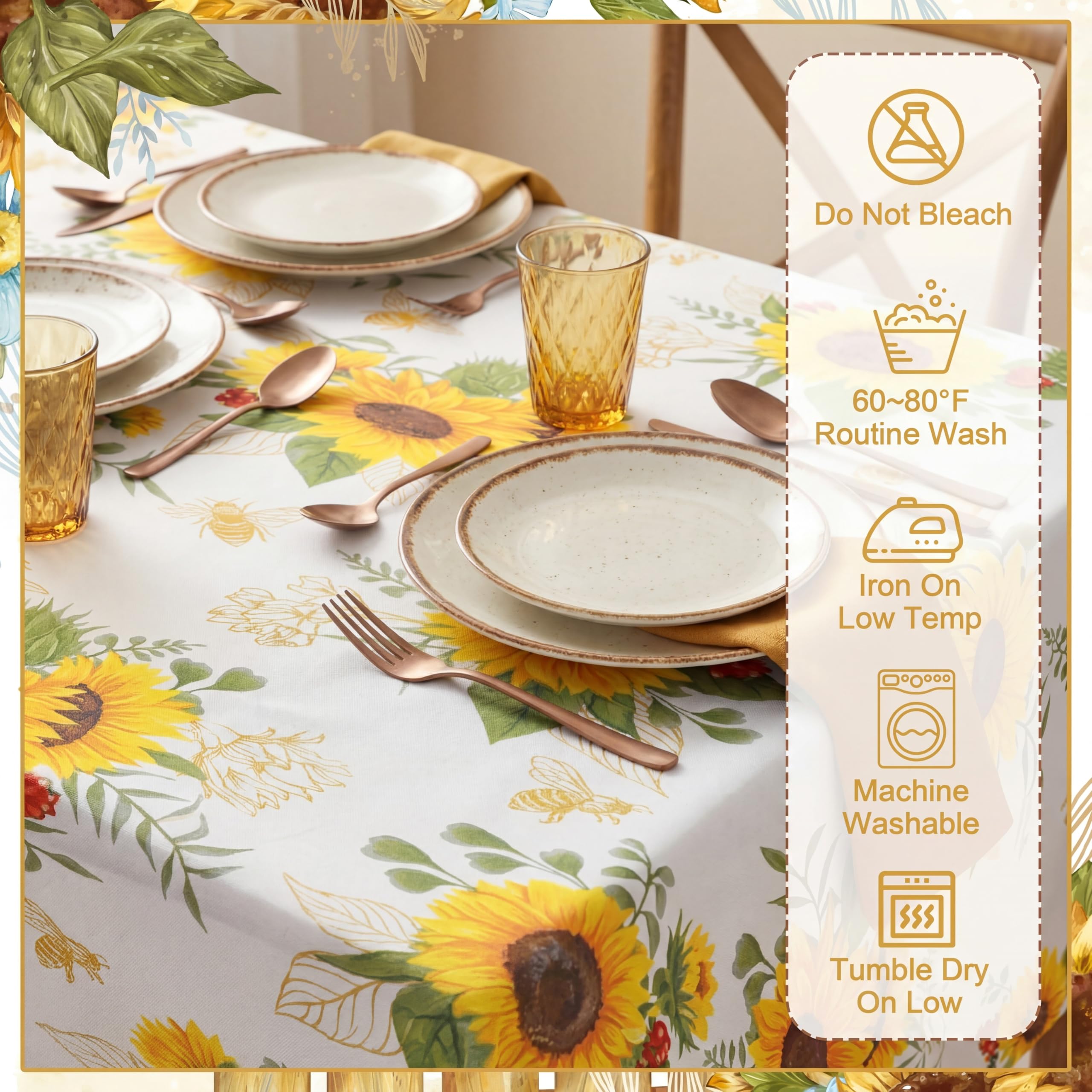 7 Pcs Sunflower Chair Covers and Tablecloth Set 60 x 84 Inch Waterproof Stain Rectangular Table Cover with Stretchable Removable Chair Slipcovers for Dining Room Kitchen Patio Summer Parties