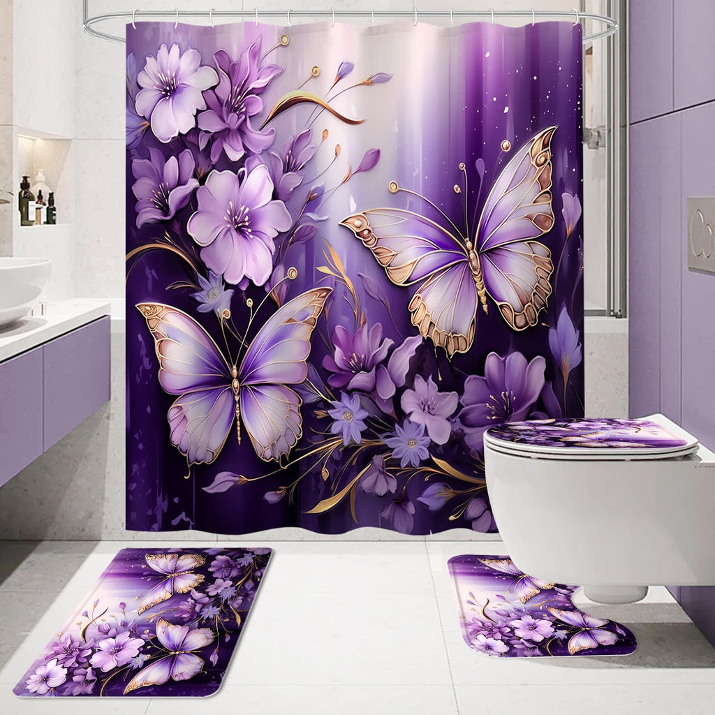 Litabel 4 Pcs Black Floral Butterfly Shower Curtain Set with Non-Slip Rugs, White Gold Modern Toilet Lid Cover and Bath Mat, Elegant Bathroom Decor Set (Hooks Not Included)