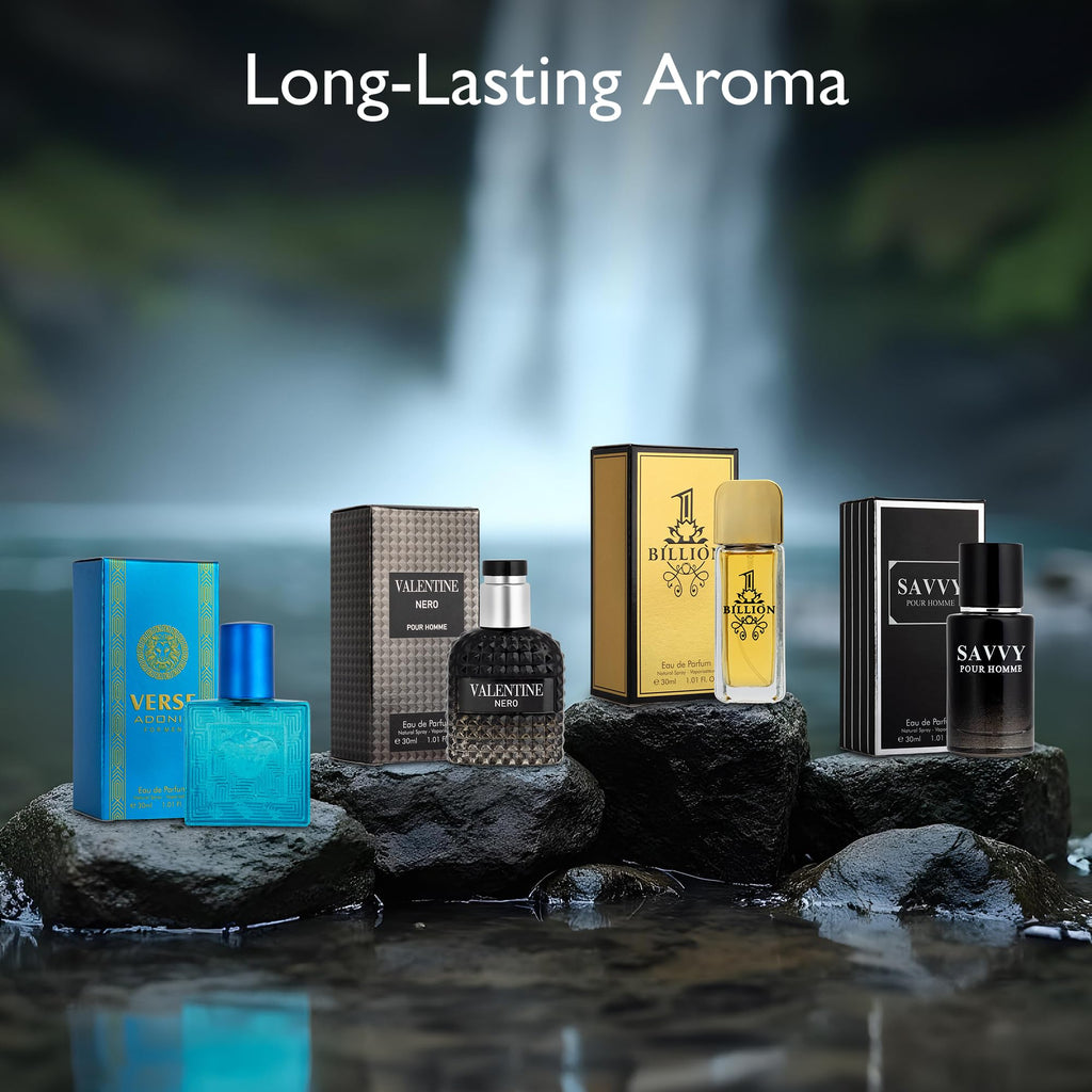 Signature Scent 4-Piece Mini Fragrance Set for Men Includes Savvy/1 Billion/Verse/Valentine Collection of Woody, Spicy, Citrus & Aromatic Fragrance Non-Irritating Ingredient Each One in 30ml Bottle