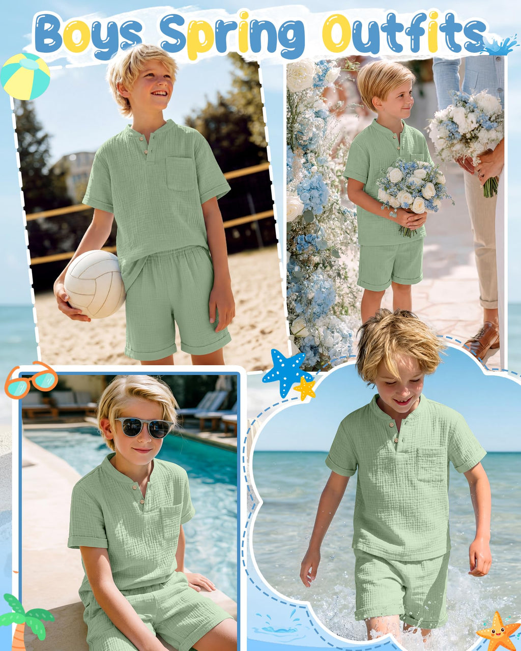 Boys 2 Piece Cotton Outfits 5-14Y Short Sleeve Button Down Shirt Shorts Pockets Summer Clothes Henley Casual Set