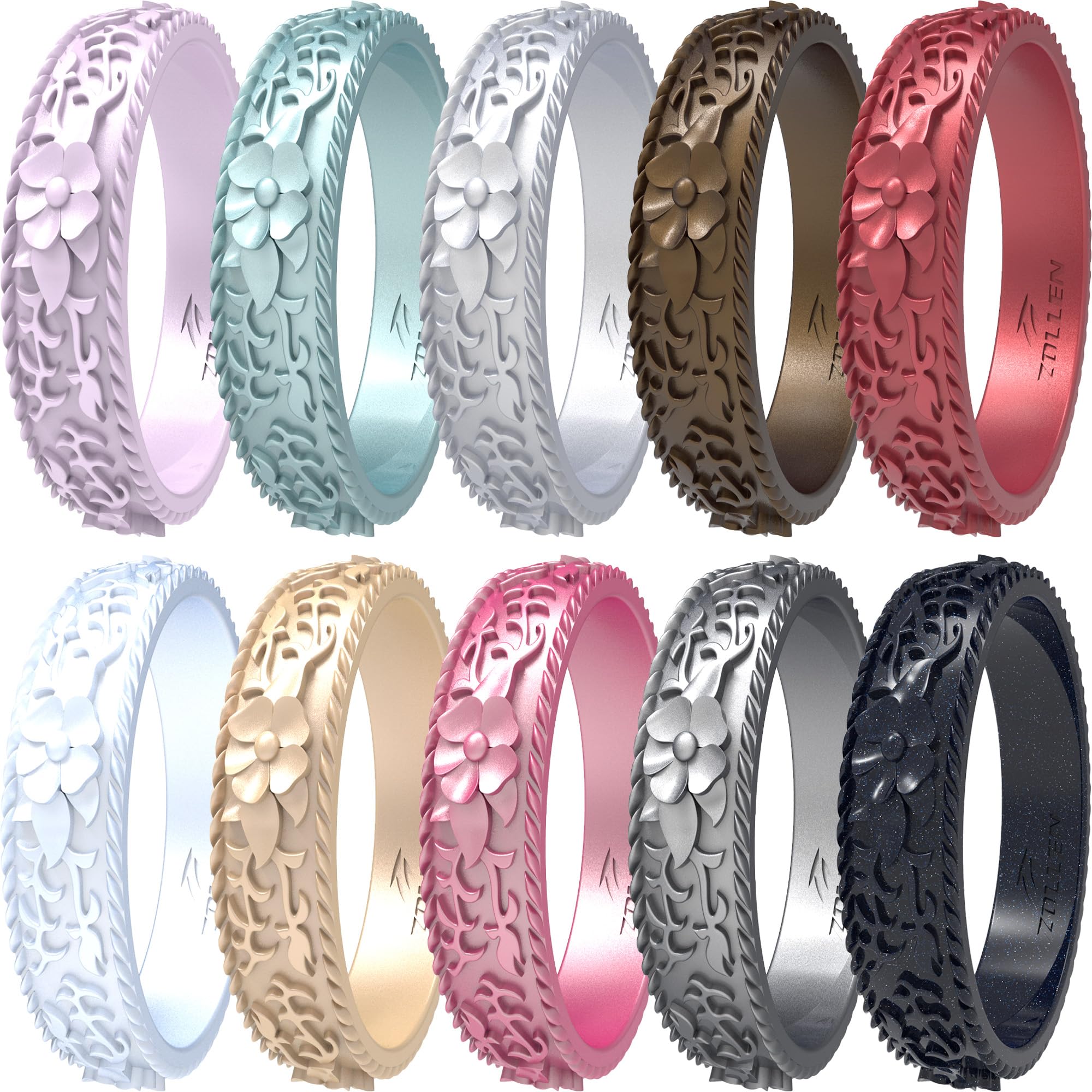 Silicone Wedding Rings for Women 1/4/7 Packs -Stackable Silicone Rubber Wedding Bands - Innovative Flower & Vine Collection
