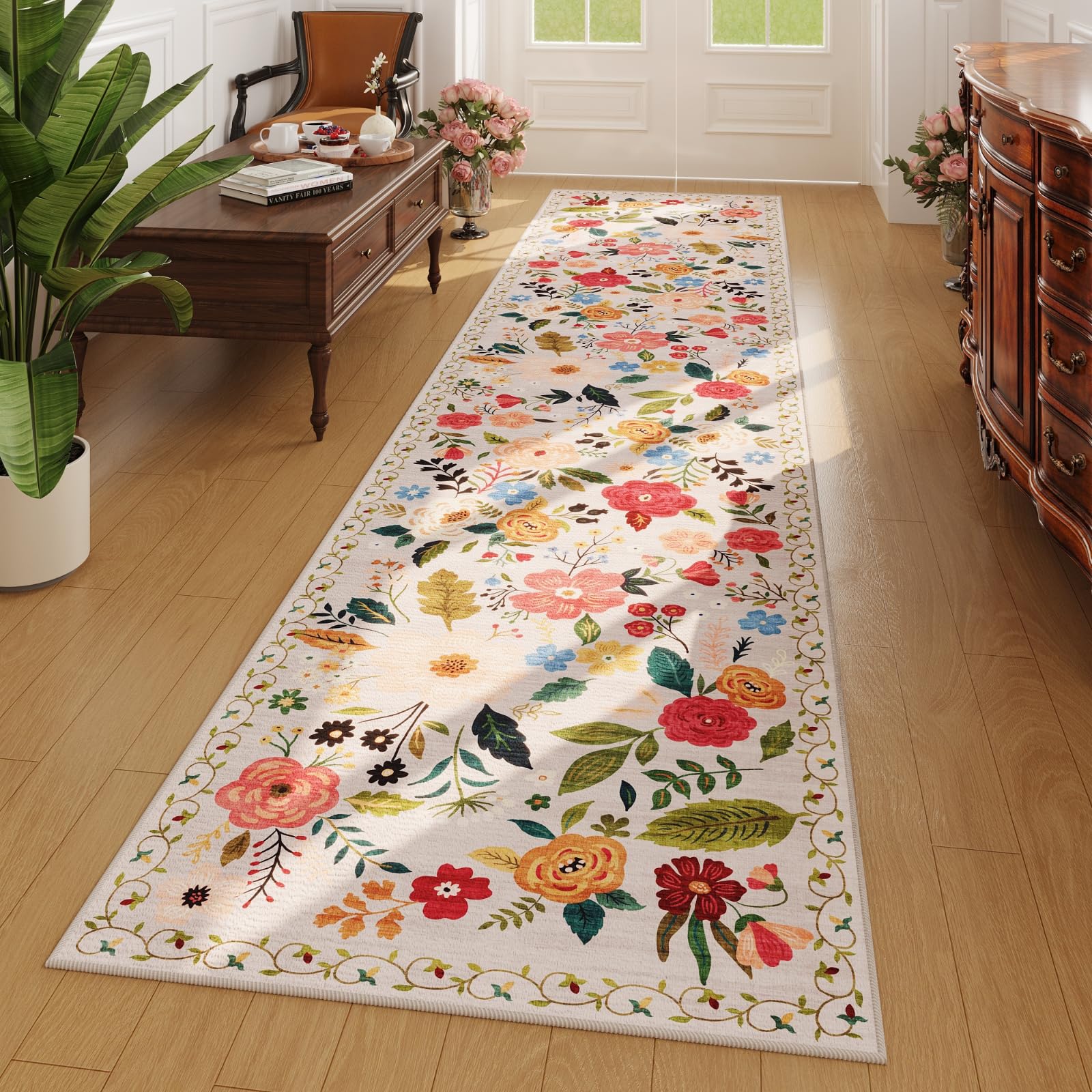Rugcomf Area Rugs 8x10 Rug for Living Room Clearance Washable Boho Area Rug Non Slip Floral Vintage Low Pile Large Rug for Living Room, Bedroom, Farmhouse, Dining Room, Kids Playroom(Black)