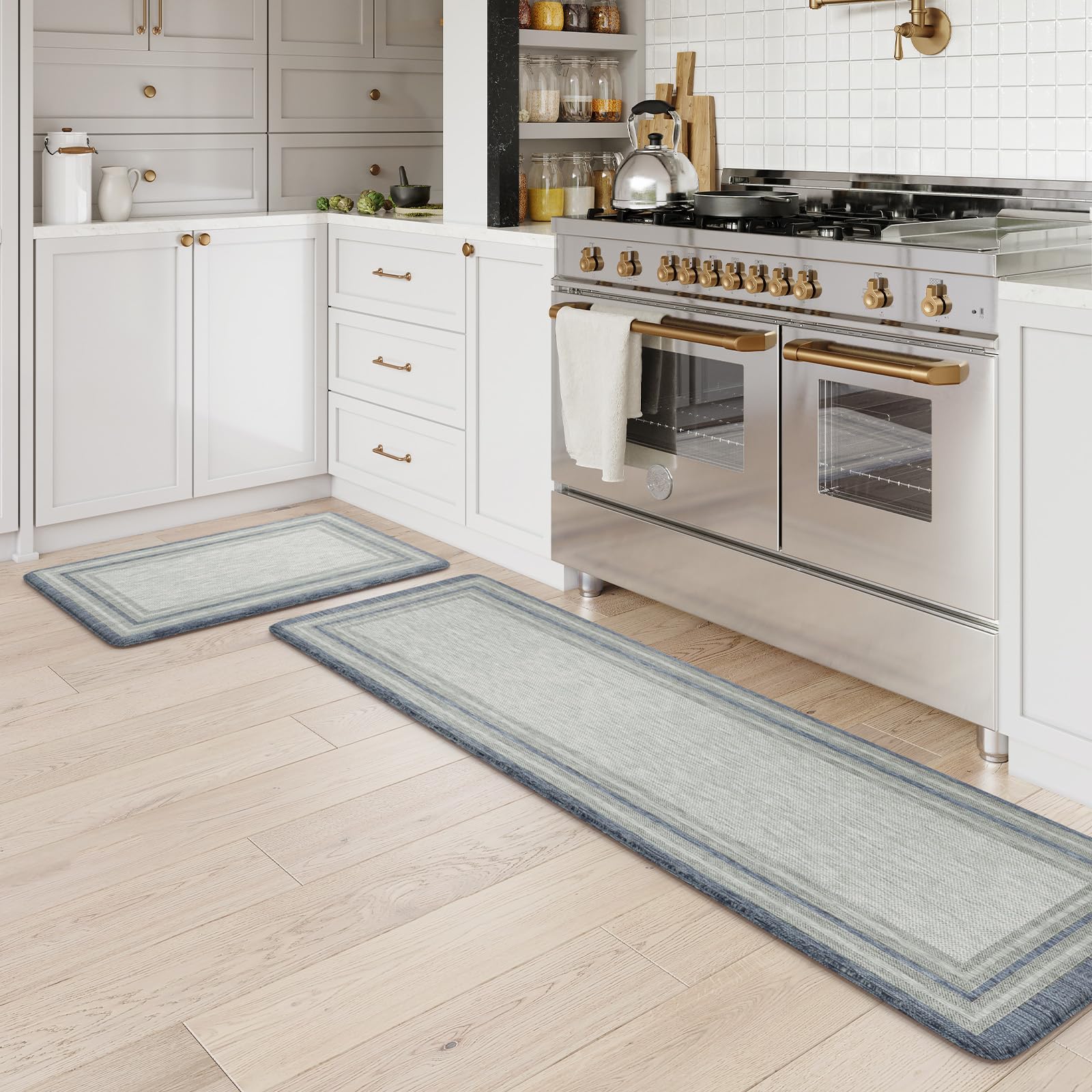 KIMODE Kitchen Mats 2PCS,Cushioned Anti Fatigue Kitchen Rugs and Mats,Non Skid Waterproof Kitchen Mats for Floor,Comfort Foam Standing Mat for Home Decor, Office,Sink,Laundry Room,Desk,Black and White