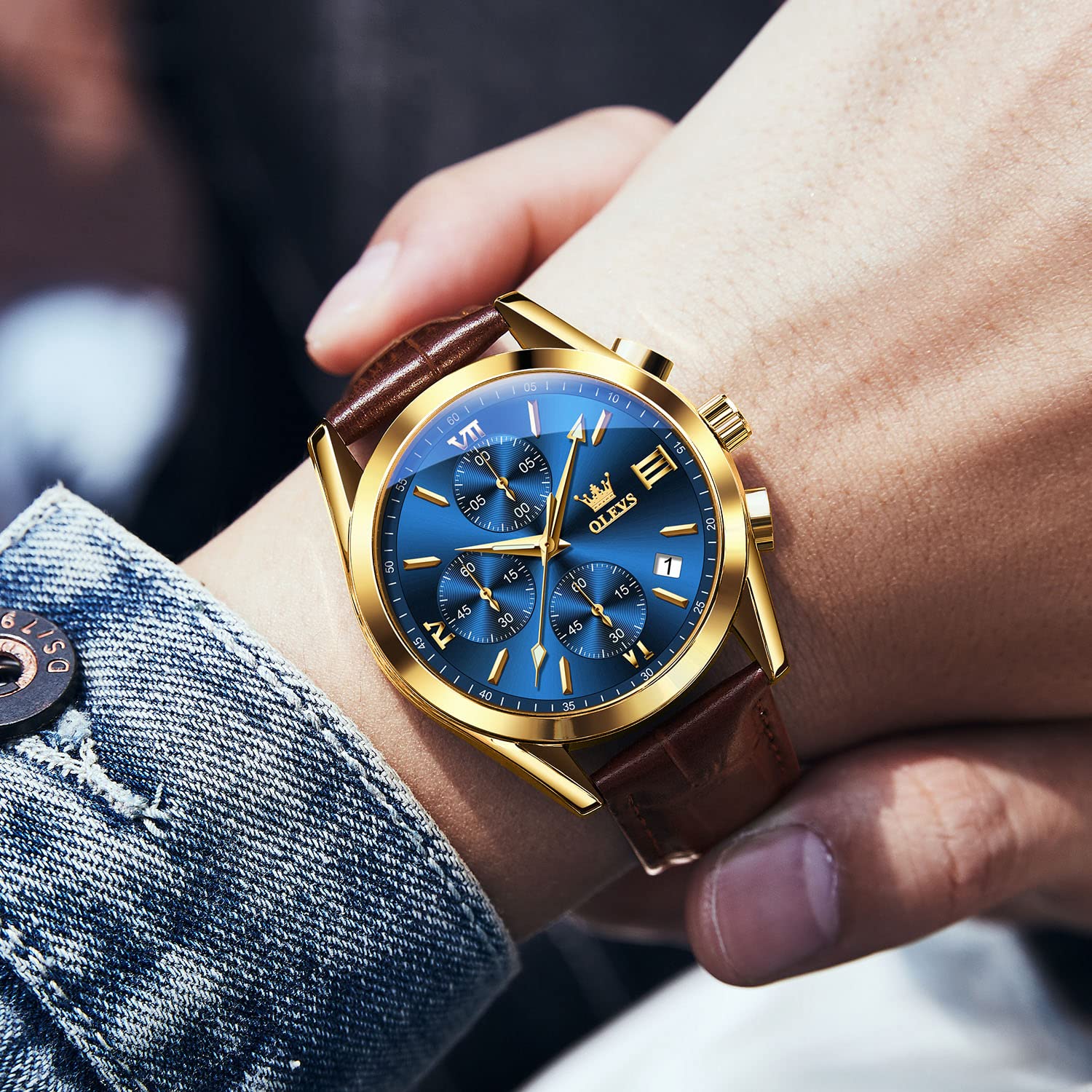 OLEVS Men's Casual Leather Watch, Big Face Chronograph Watch for Men, Fashion Easy to Read Dress Watch, Men's Waterproof Luminous Date Analog Watch, Gold/Black/White/Blue Dial