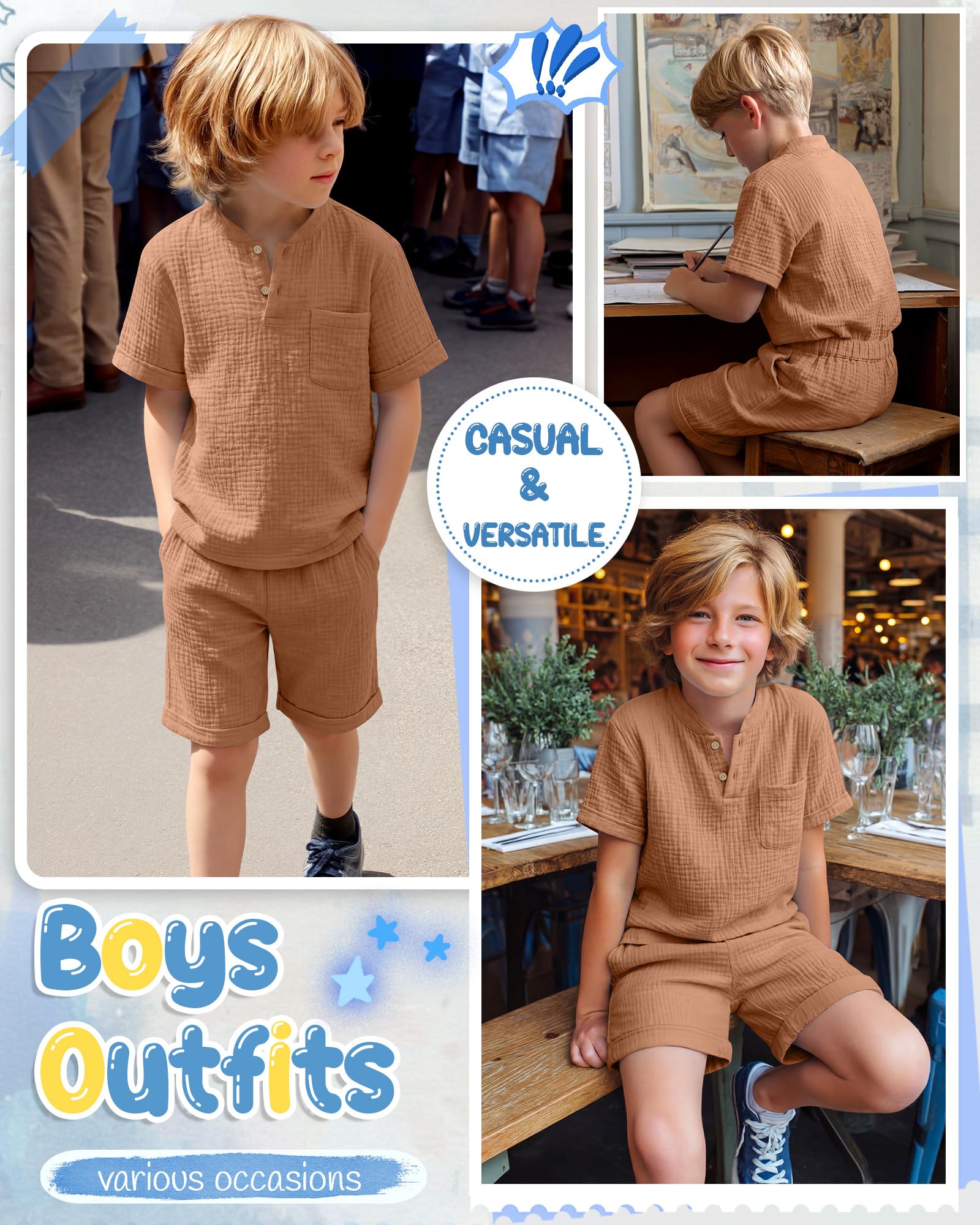 Boys 2 Piece Cotton Outfits 5-14Y Short Sleeve Button Down Shirt Shorts Pockets Summer Clothes Henley Casual Set