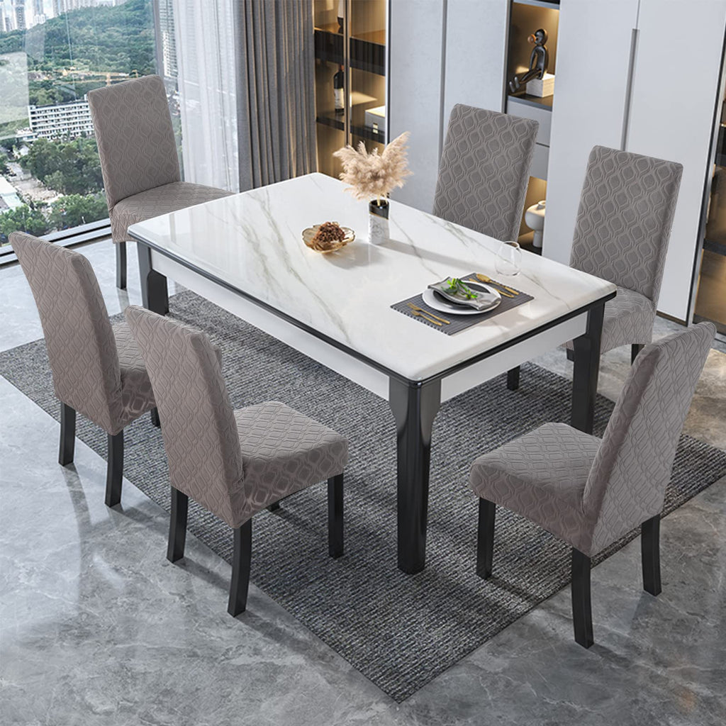 Genina Waterproof Chair Covers for Dining Room 6 Pack, Stretch Jacquard Dining Chair Cover Removable Washable Chair Protectors Cover for Kitchen, Home (Leaves-Warm Gray, 6 PCS)
