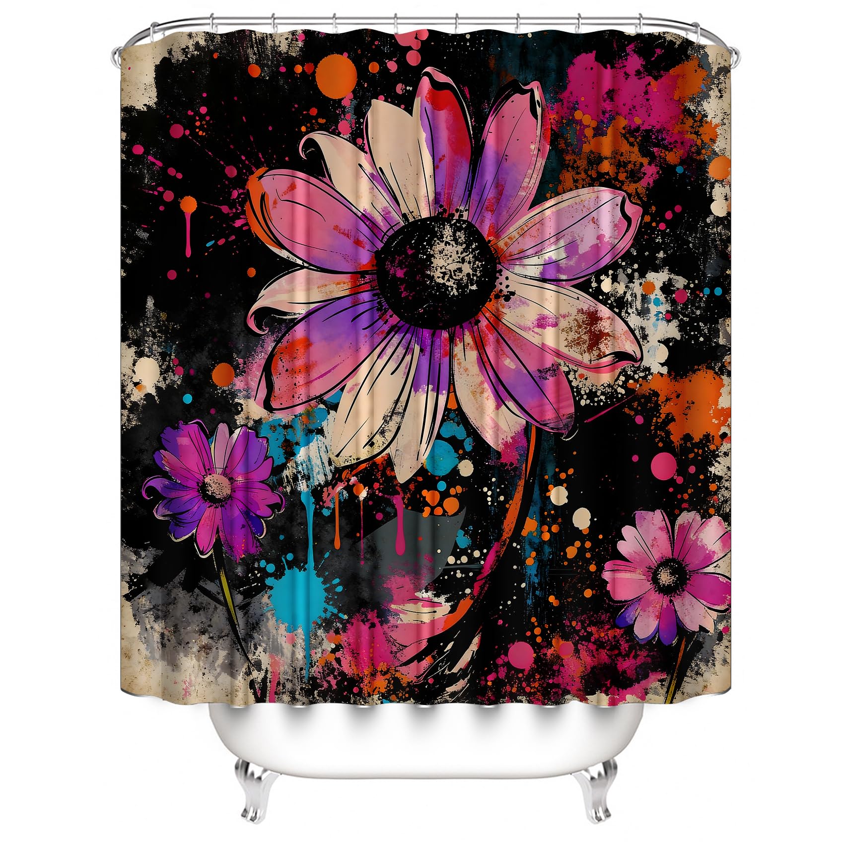 AZHM 4PCS Lotus Shower Curtain Set Black and Gold Flower Bathroom Decor Sets with Shower Curtain and Rugs and Accessories with 12 Hooks for Toilet