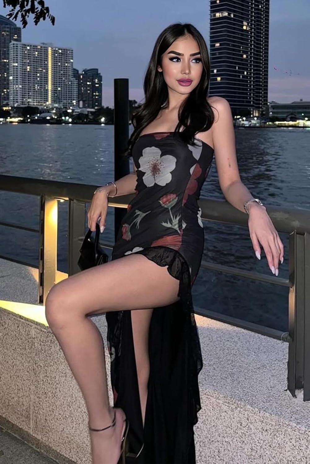 ABMOIU Women's Summer Tube Maxi Dress Strapless Sexy High Split Lace Trim Print Bodycon Long Dresses