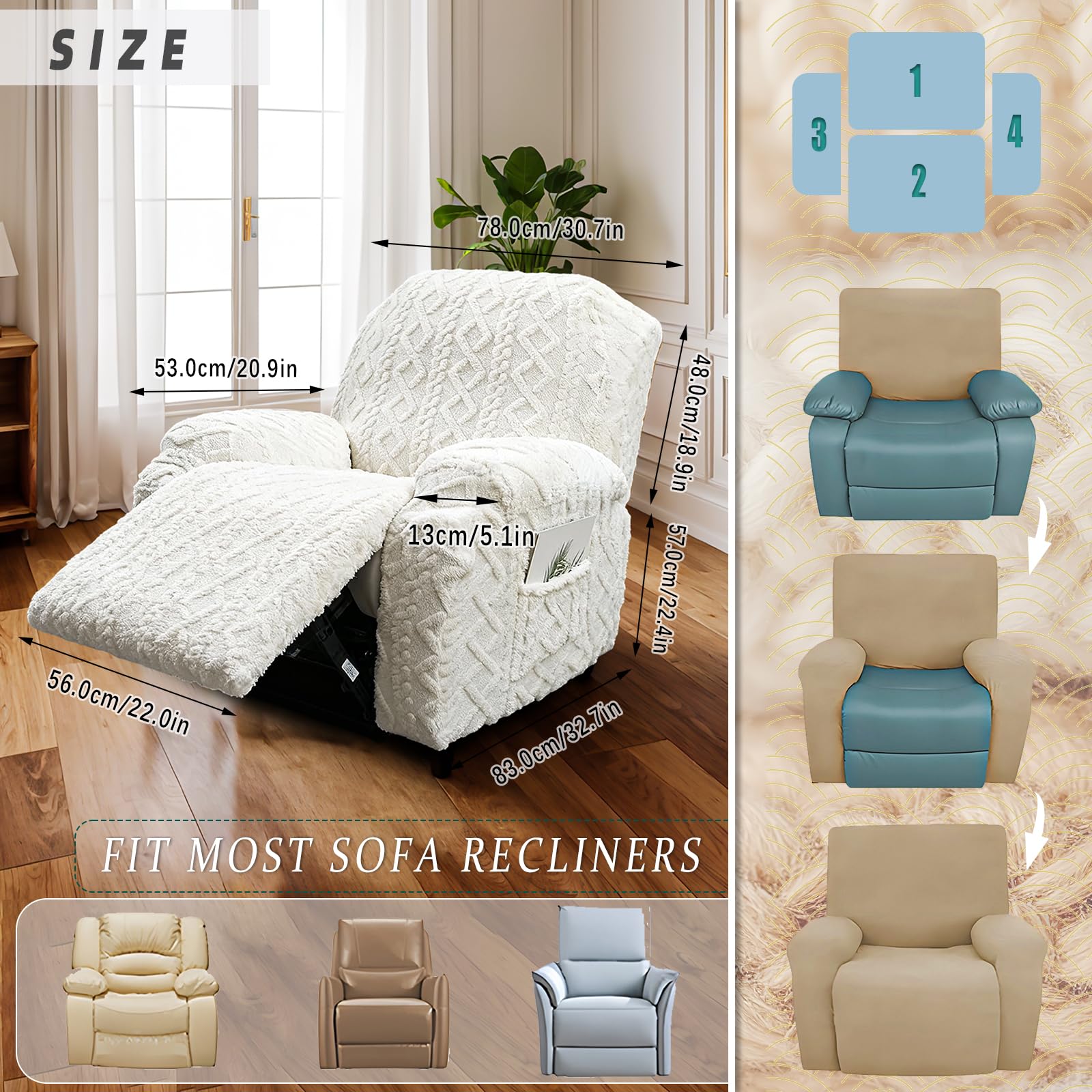 JOKIVTOU Recliner Chair Covers 4-Pieces Reclining Chair Slipcovers with Pocket& Elastic Bottom, Soft Feel Fitted Lazy Boy Sofa Couch Cover Washable, Stretch Recliner Furniture Protector