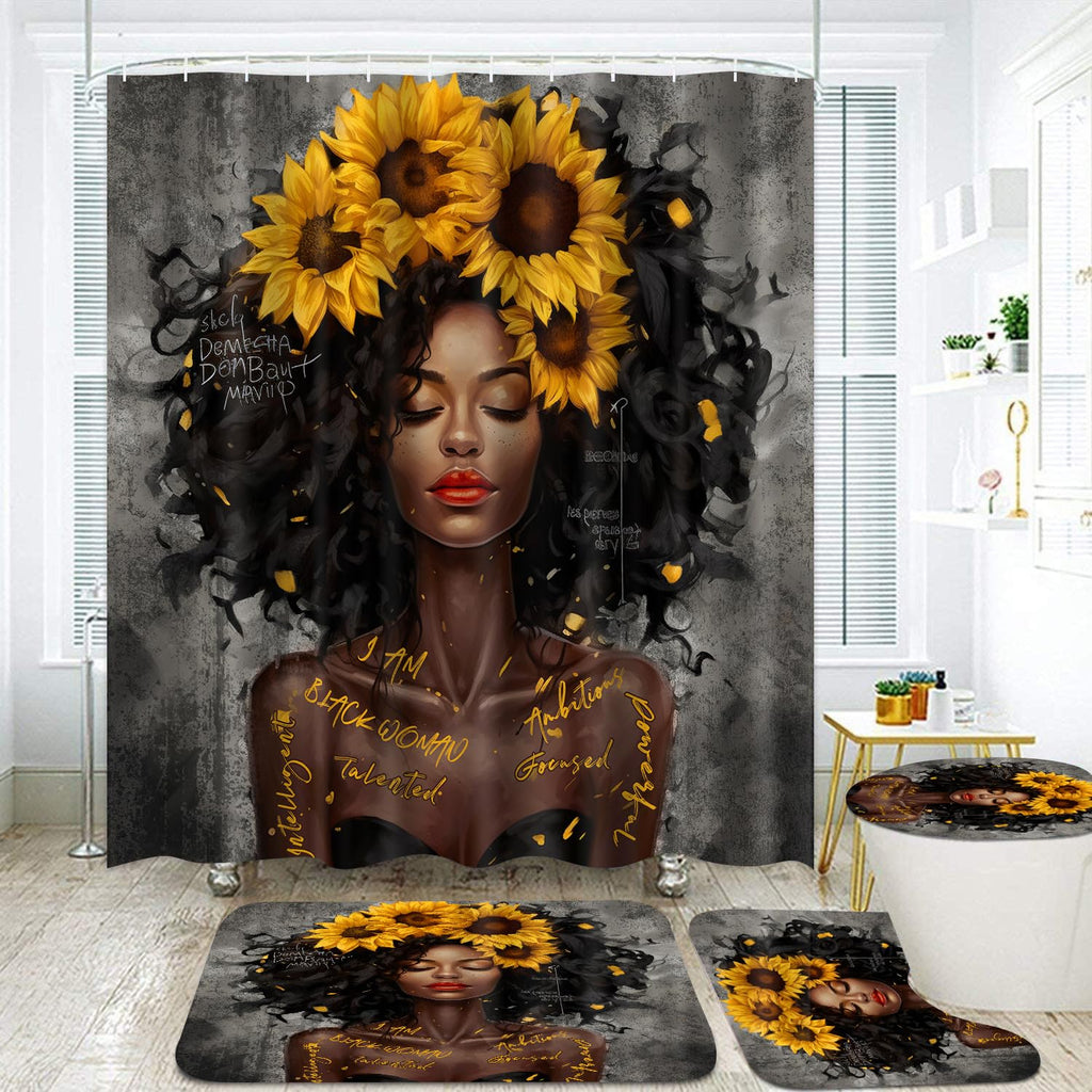 African American Shower Curtain Sets for Bathroom, Black Praying King Bathroom Sets with Waterproof Shower Curtain and Non-Slip Rugs Toilet Lid Cover Bath Mat, Cool Unique Man Bathroom Decor Sets