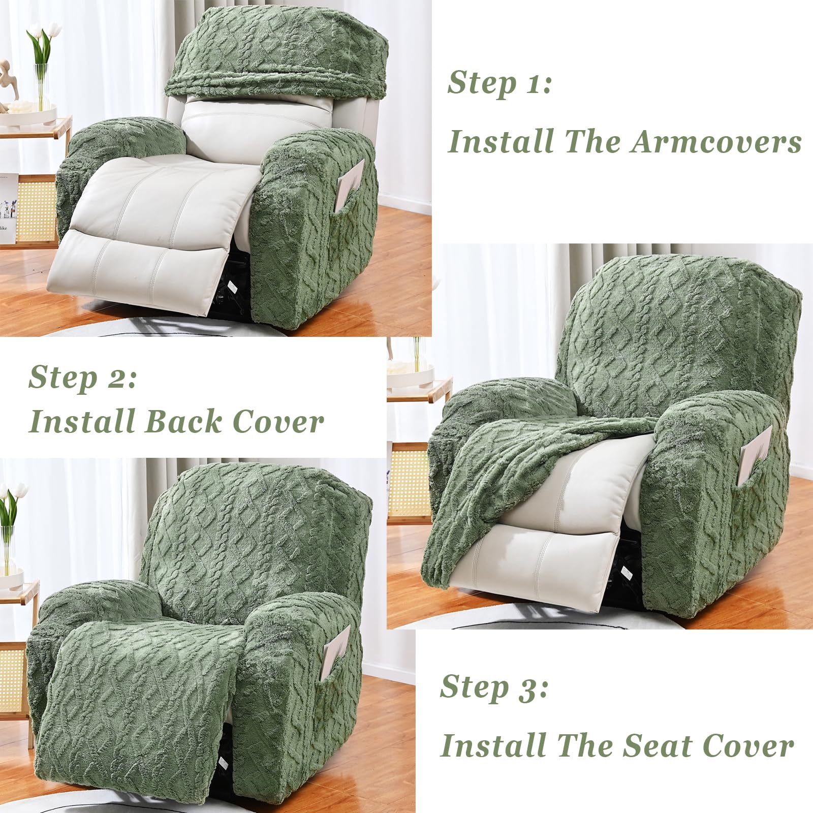 JOKIVTOU Recliner Chair Covers 4-Pieces Reclining Chair Slipcovers with Pocket& Elastic Bottom, Soft Feel Fitted Lazy Boy Sofa Couch Cover Washable, Stretch Recliner Furniture Protector