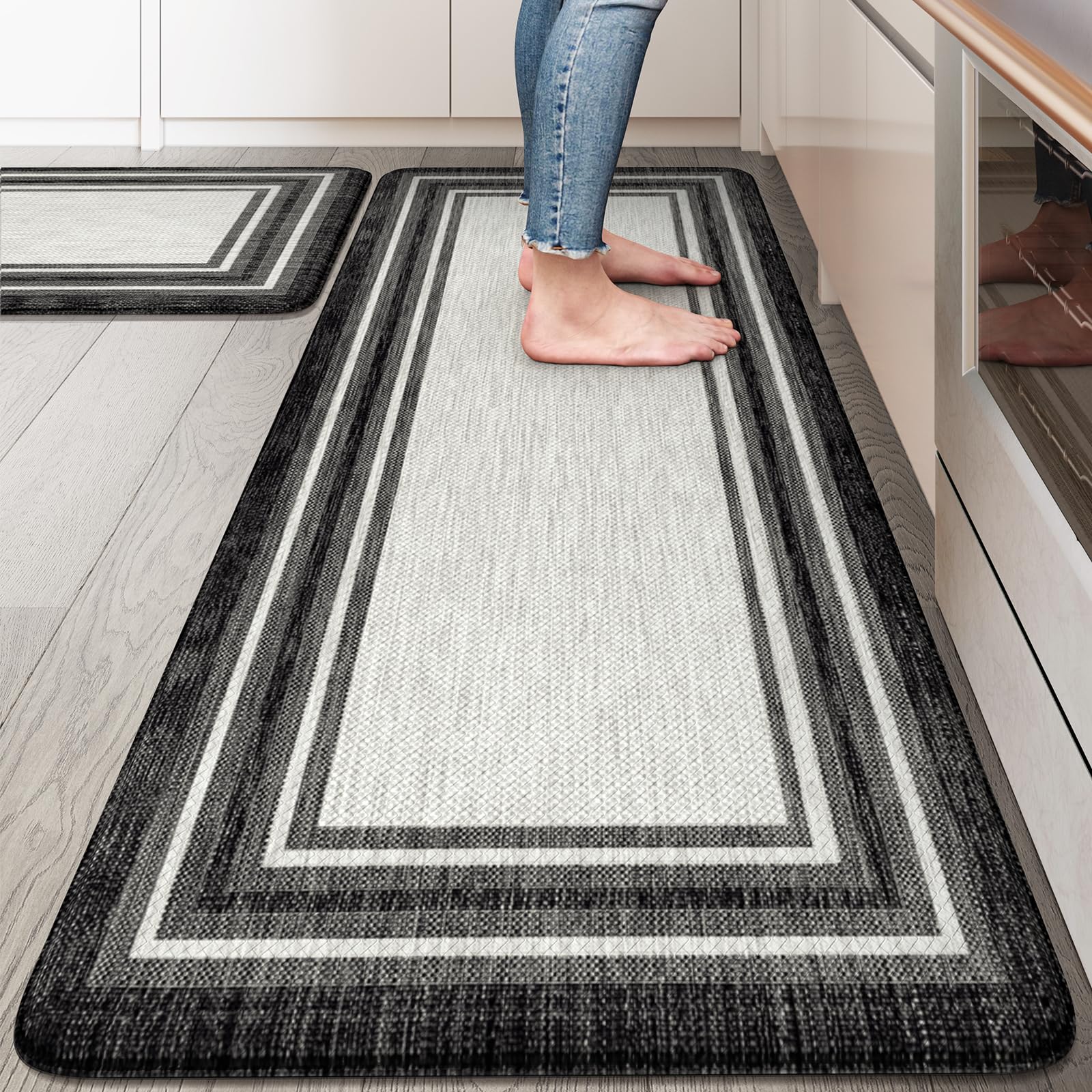 KIMODE Kitchen Mats 2PCS,Cushioned Anti Fatigue Kitchen Rugs and Mats,Non Skid Waterproof Kitchen Mats for Floor,Comfort Foam Standing Mat for Home Decor, Office,Sink,Laundry Room,Desk,Black and White