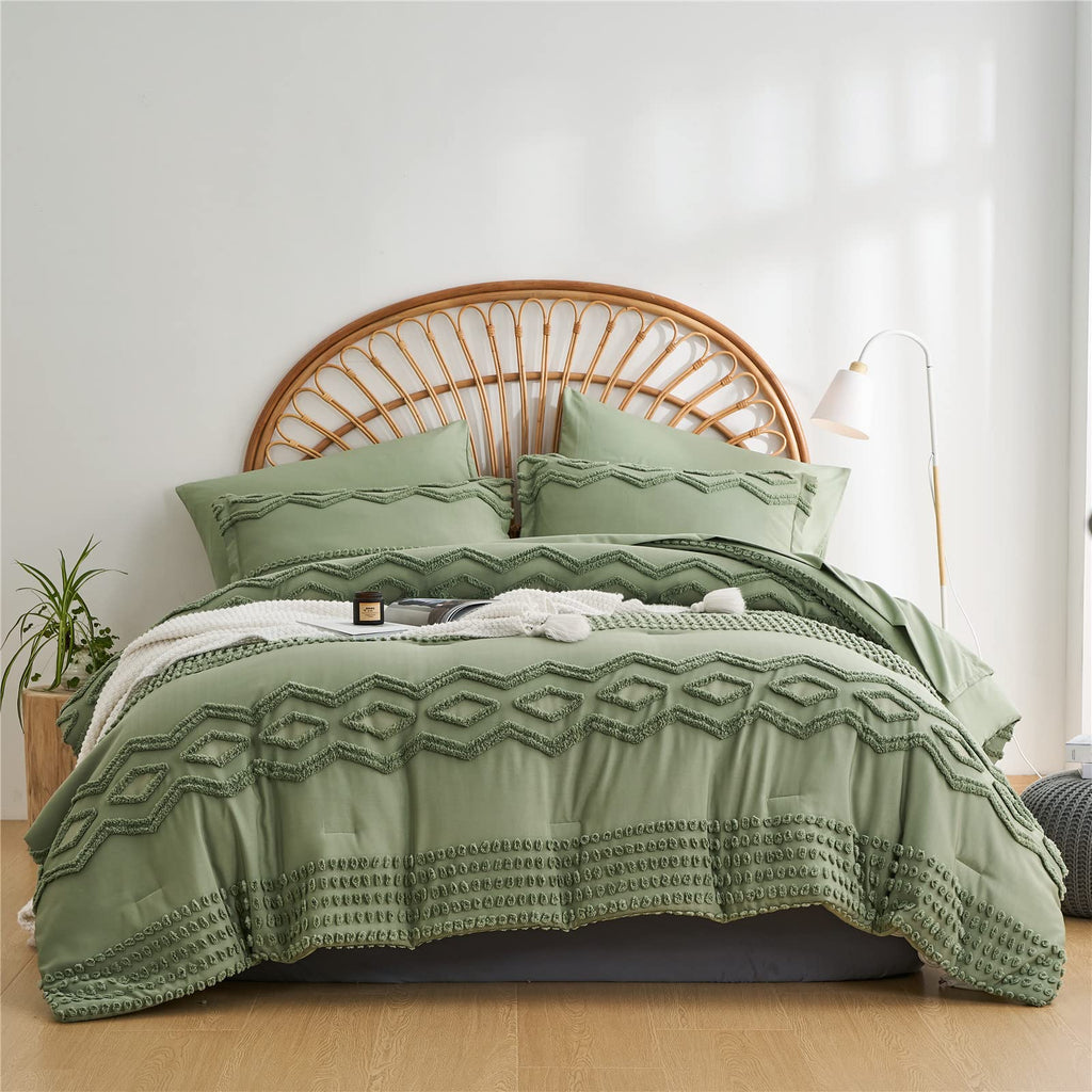 KAKIJUMN Grey Tufted Comforter Set King Size 7 Piece Bed in a Bag, Shabby Chic Boho Comforter and Sheet Set, Pom Pom Textured Bed Set, All Season Soft Microfiber Complete Bedding Set(Grey,King)